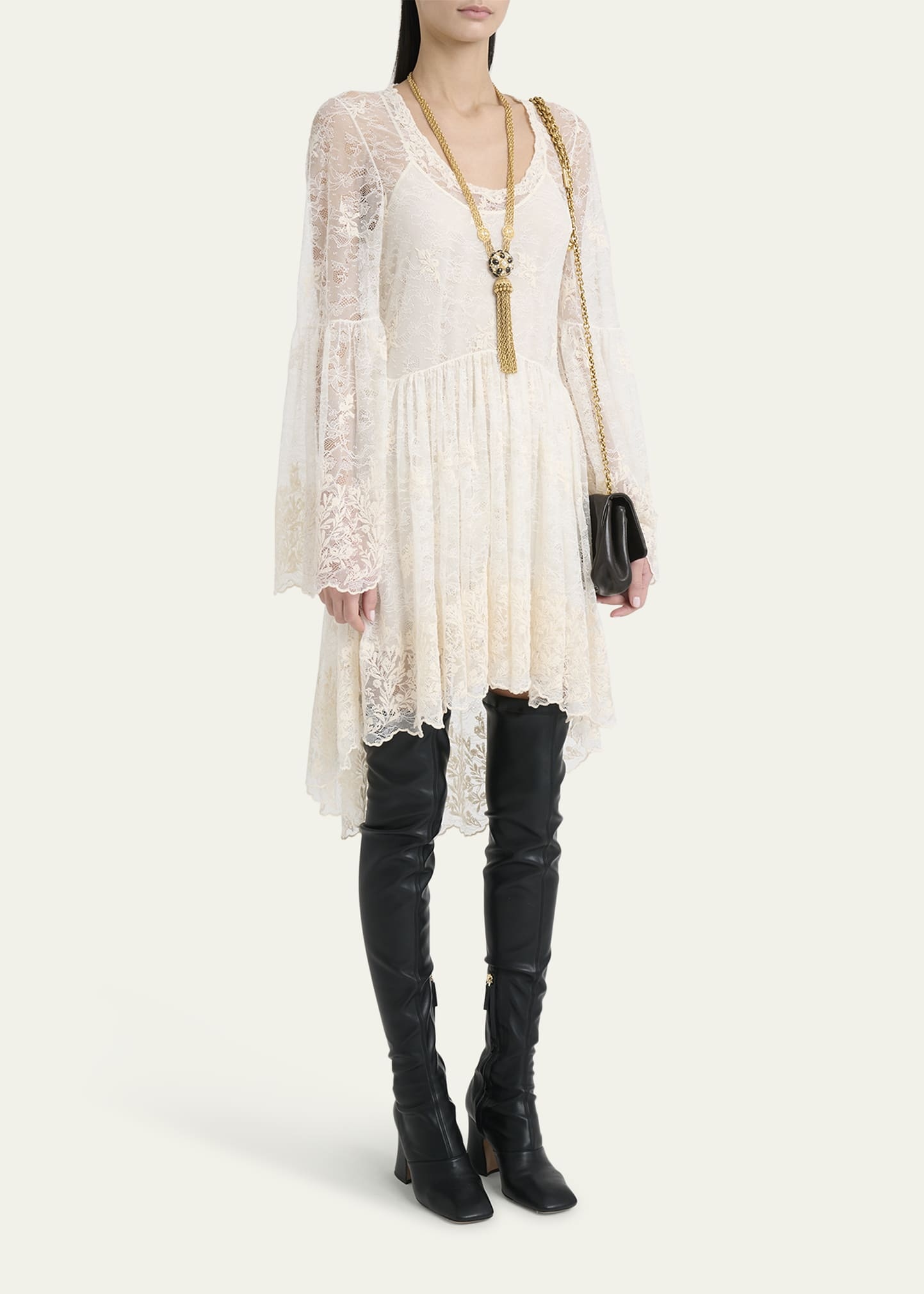 Lace U-Neck Long-Sleeve Mini Dress - 4