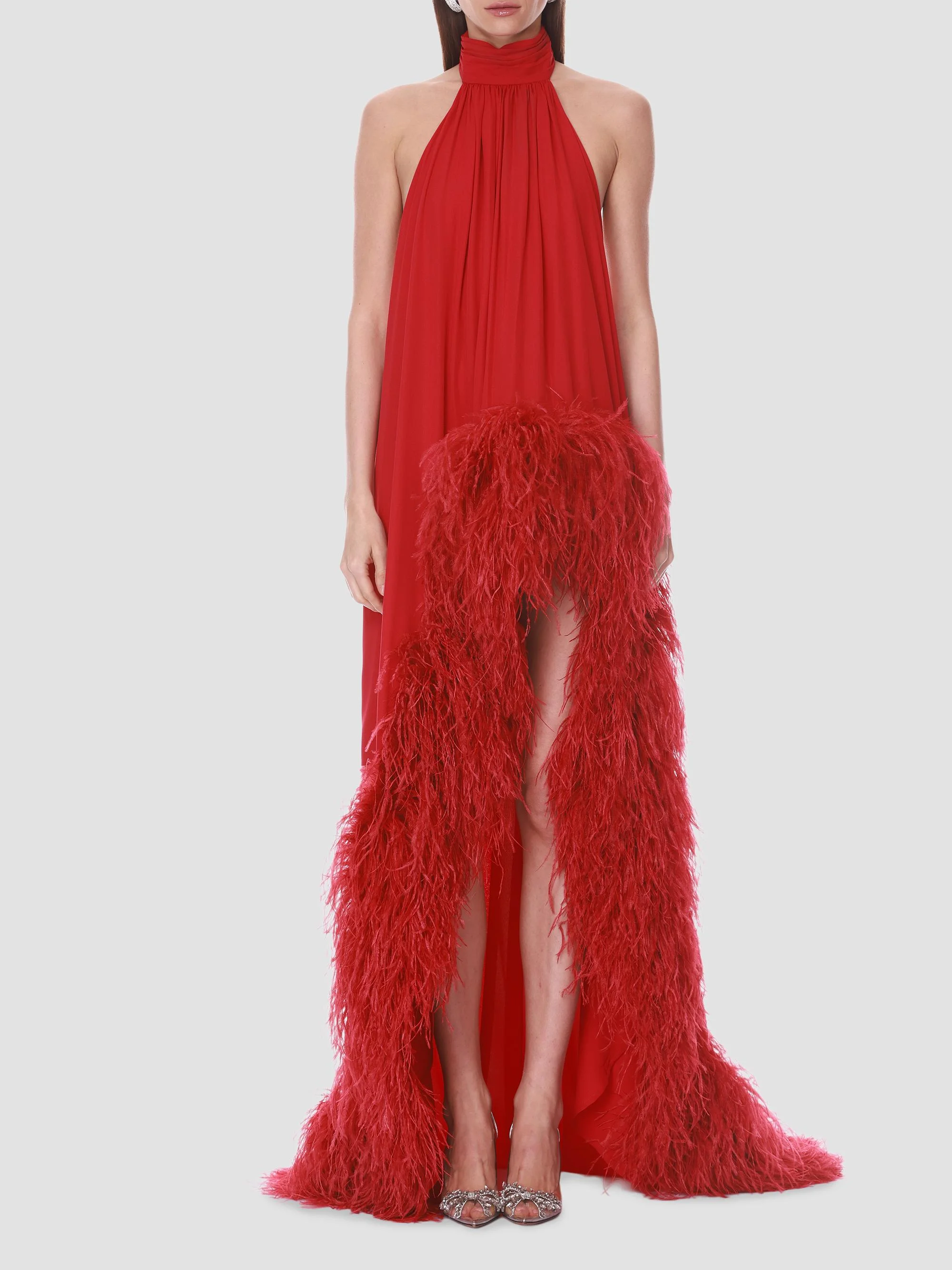 Women's Halter Neck Feather-Hem Chiffon Gown - Flame - 1