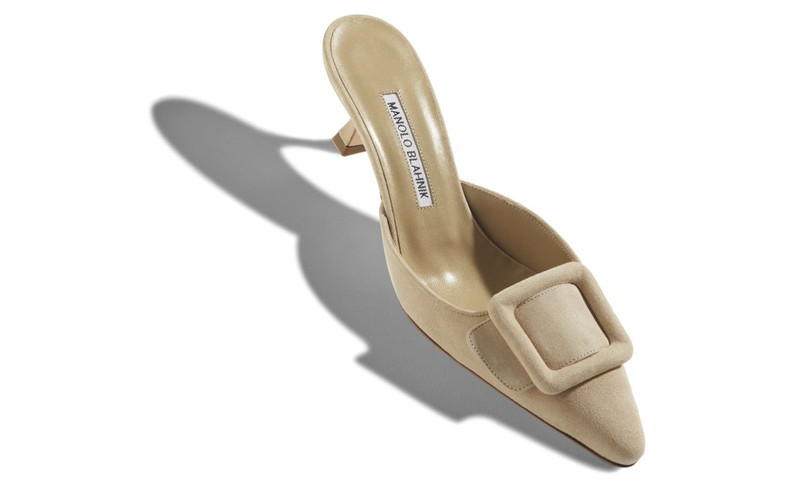 Manolo Blahnik Beige Suede Kitten Heel Mules outlook
