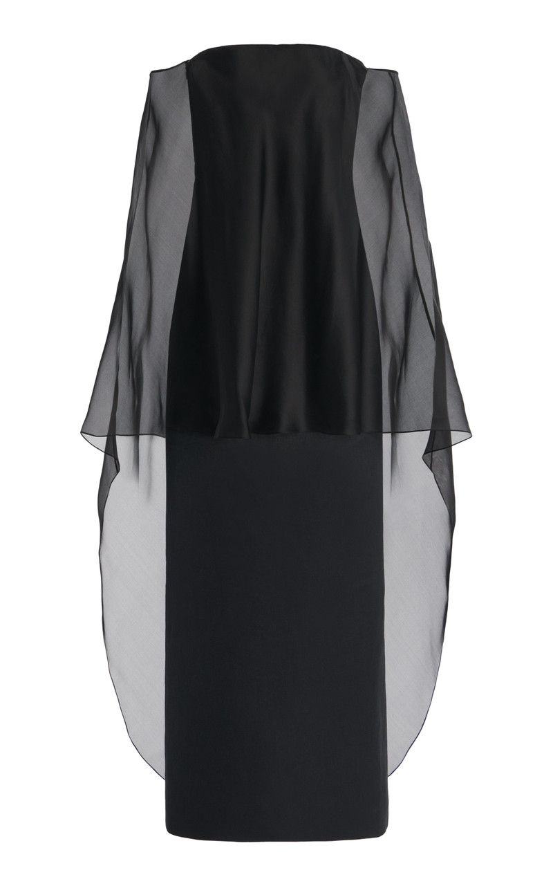 Marisha Dress in Black Textured Linen with Silk Organza Sheer Cape 1