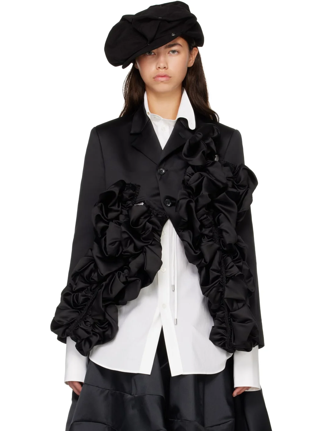 Black Gathered Satin Jacket - 1