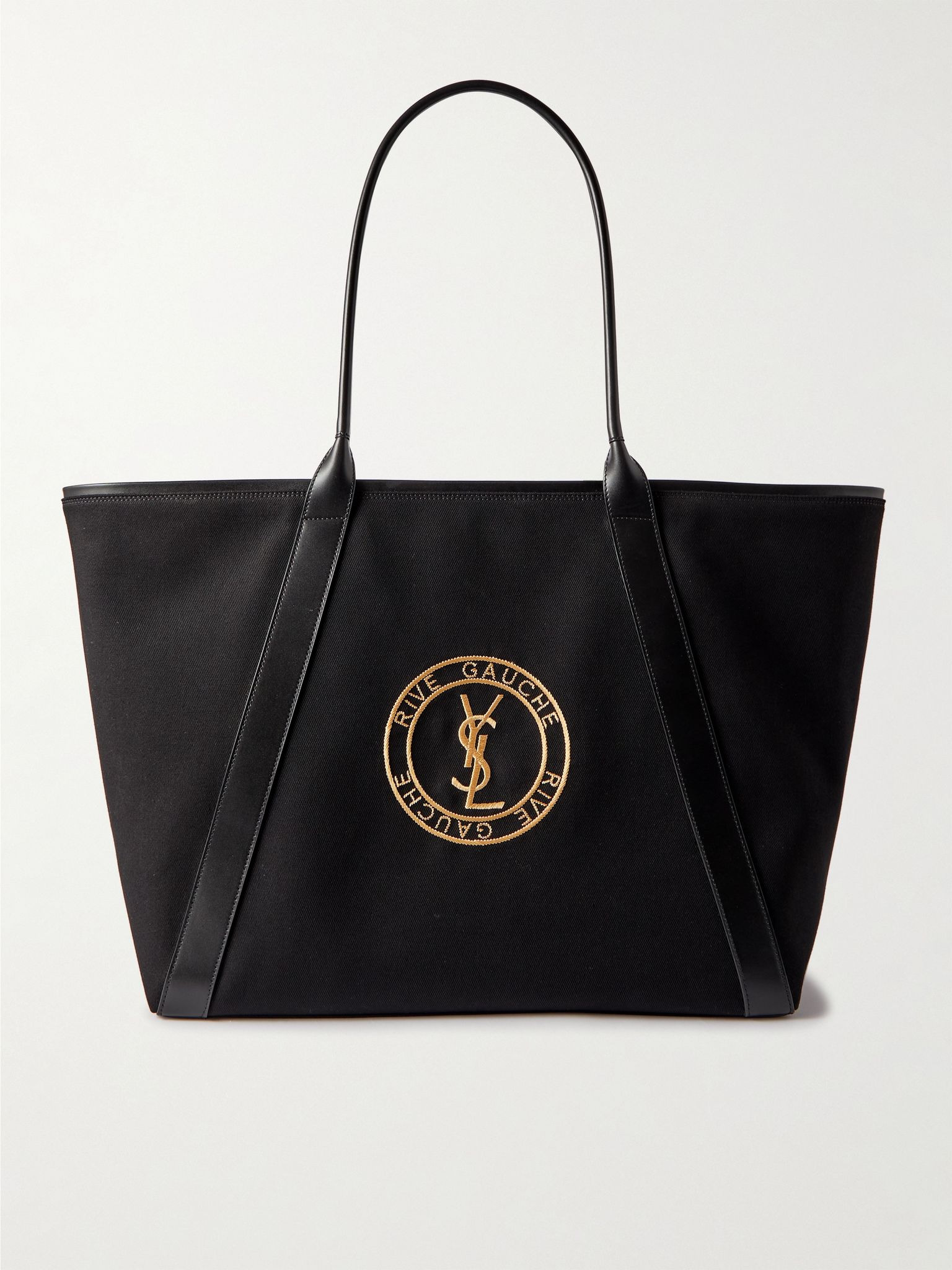 Leather-Trimmed Logo-Embroidered Cotton-Gabardine Tote Bag Black - 1