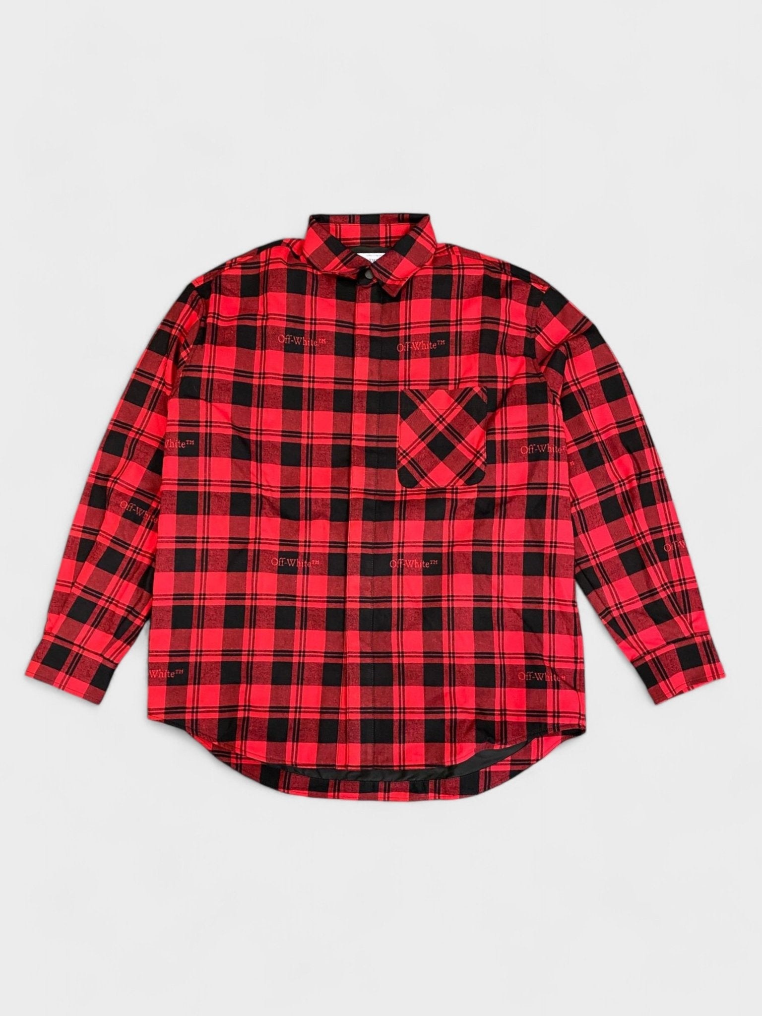 Off White Checked Flannel Padded Overshirt Red Black - 1