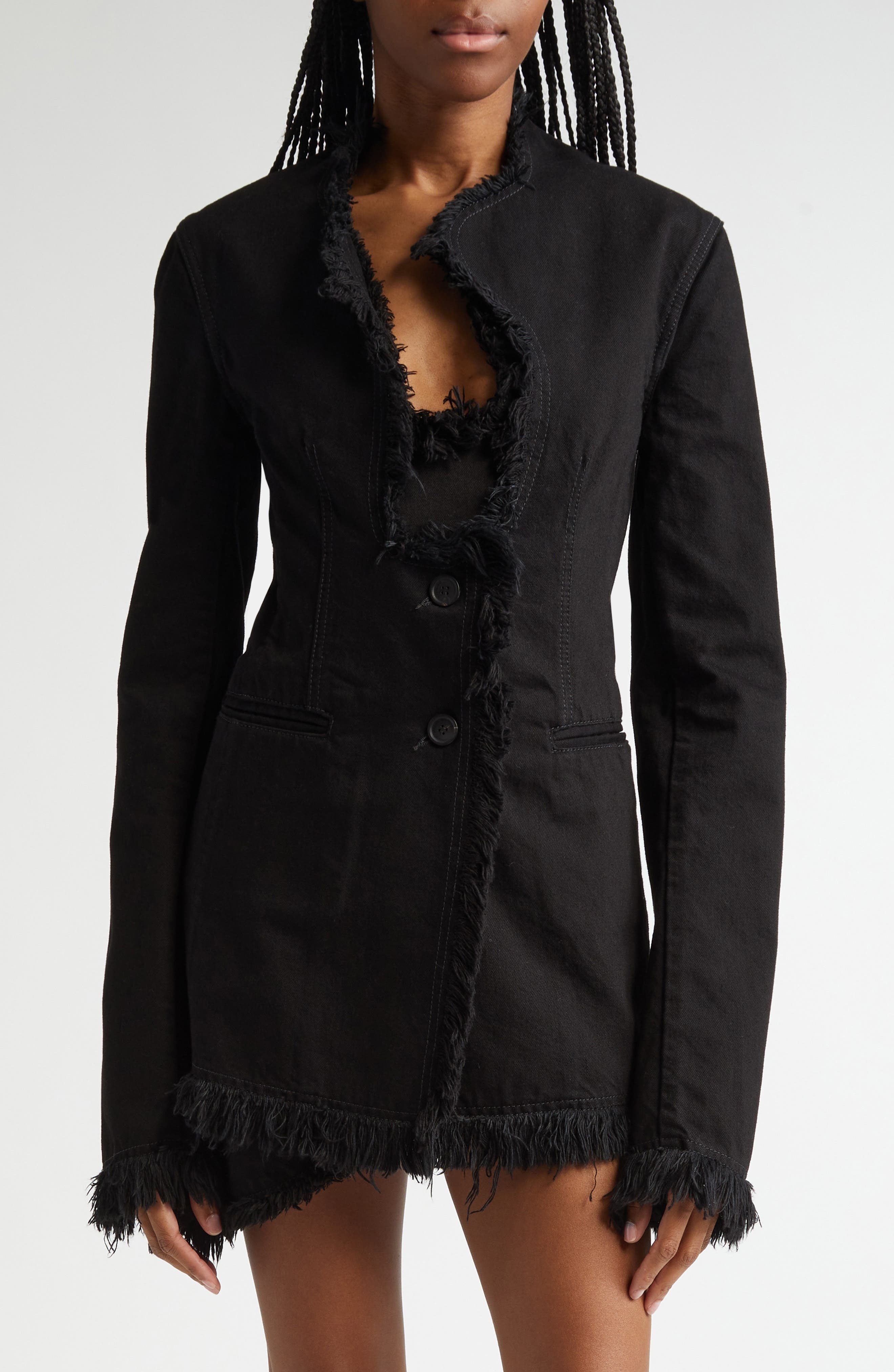 FERRAGAMO Asymmetric Raw Edge Denim Blazer in Nero at Nordstrom - 1