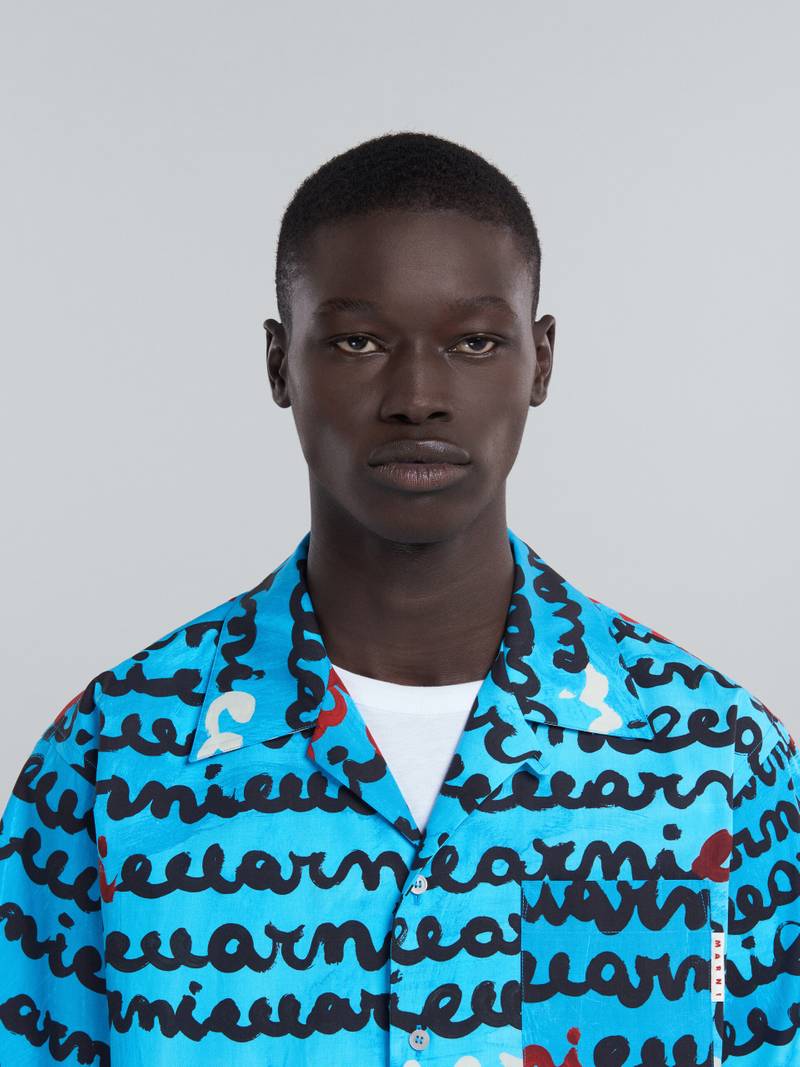 TURQUOISE COTTON BOWLING SHIRT WITH MAREMARNI PRINT 4