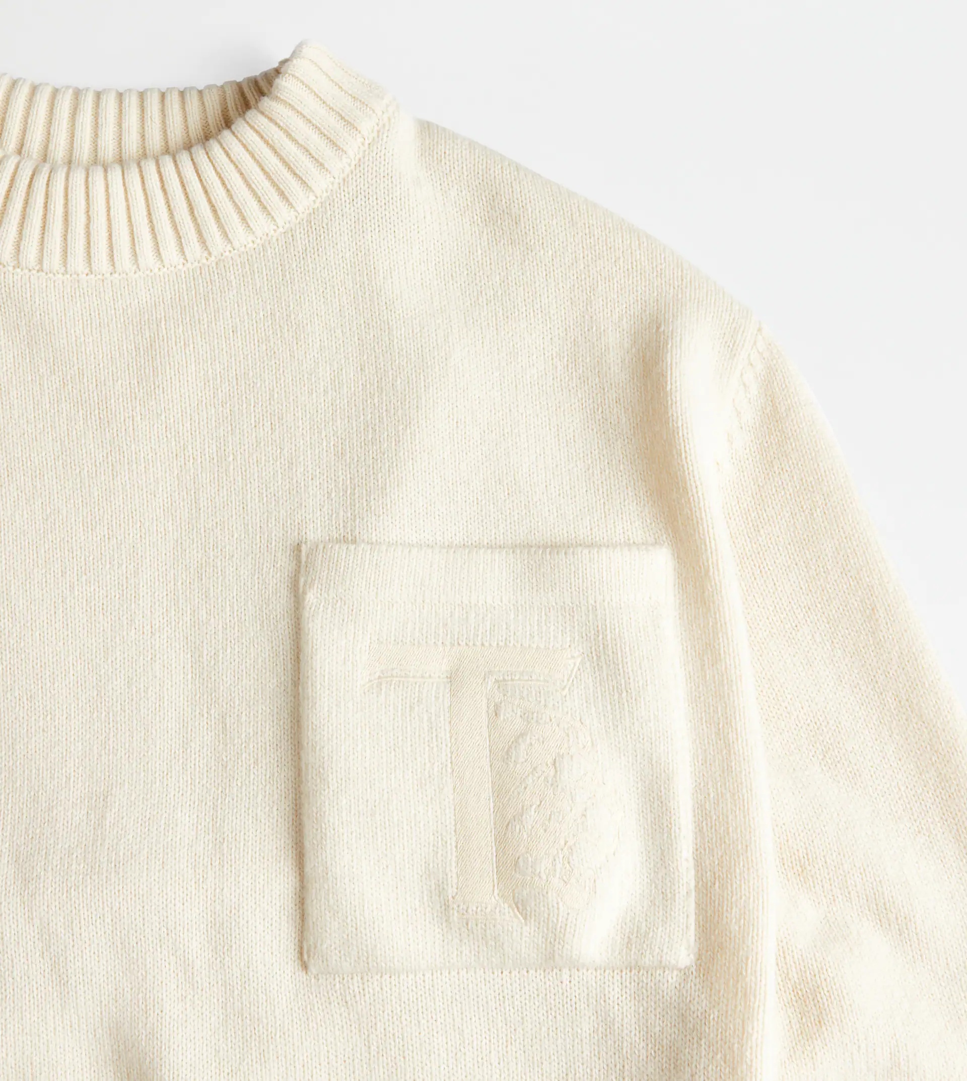 TOD'S ROUND NECK JUMPER WITH QUILTED PATCHES - WHITE - 4