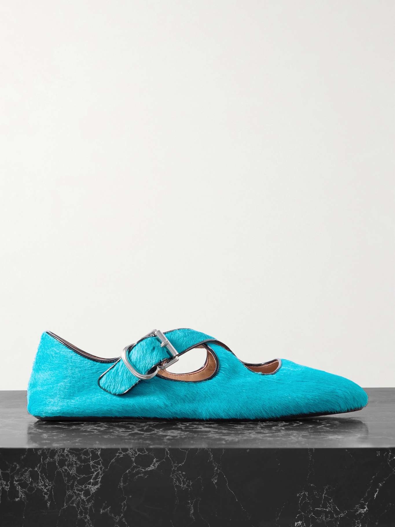 Alaïa Criss Cross leather-trimmed pony hair ballet flats