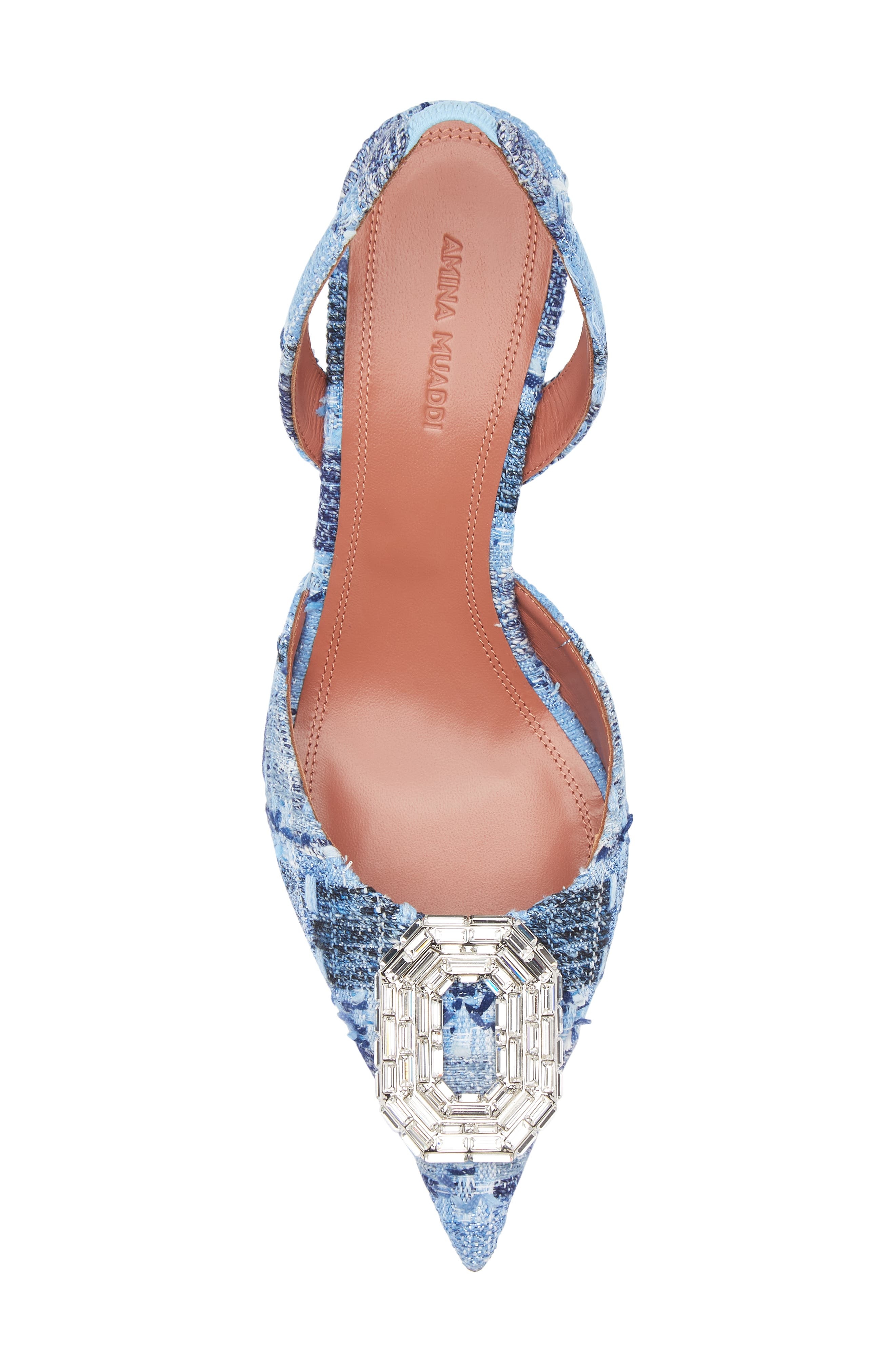 Amina Muaddi Camelia Crystal Buckle Pointed Toe Slingback Pump in Tweed Blue White Buckle at Nordstr - 5