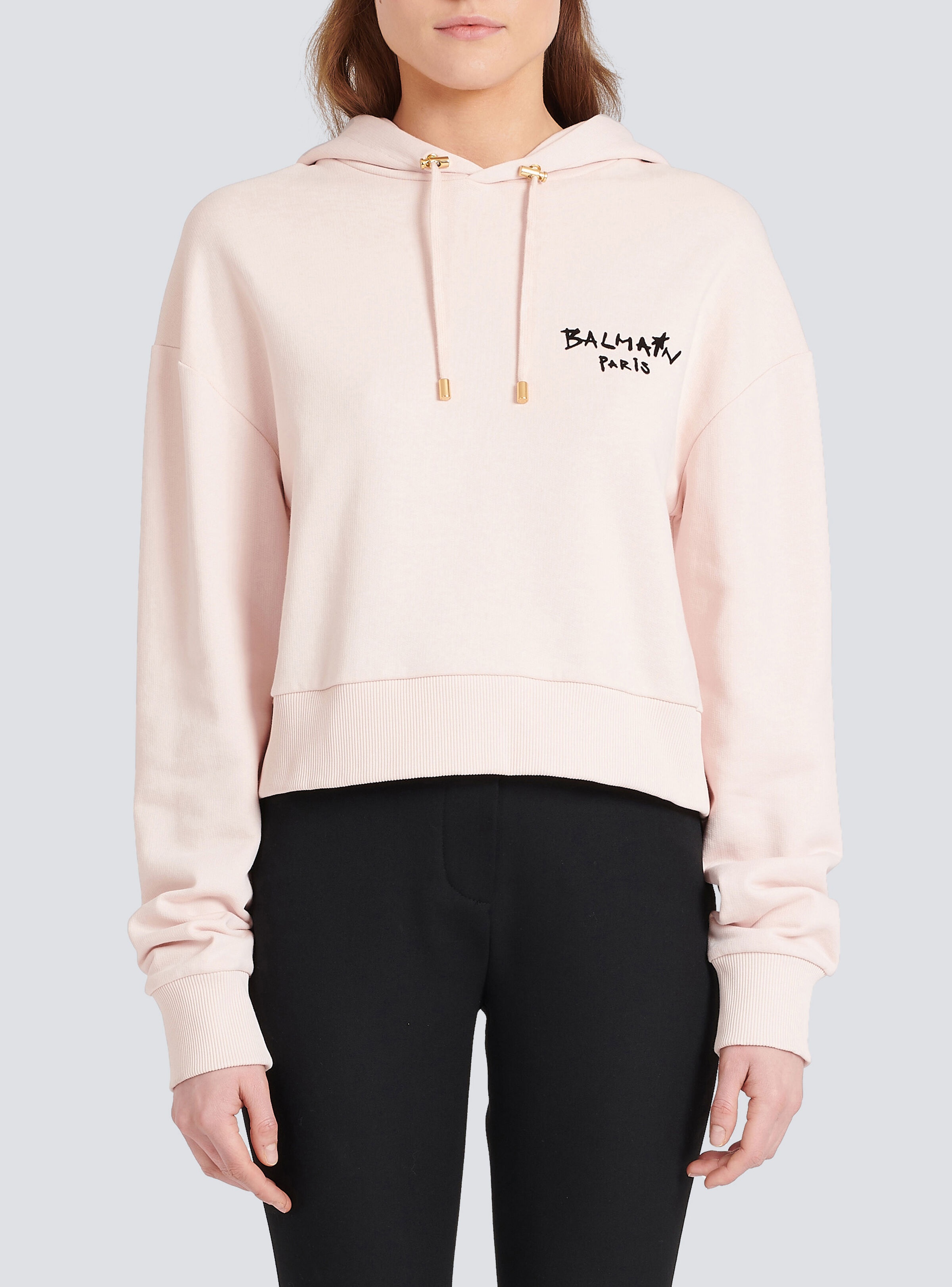 Cropped eco-design cotton sweatshirt with flocked graffiti Balmain logo - 7