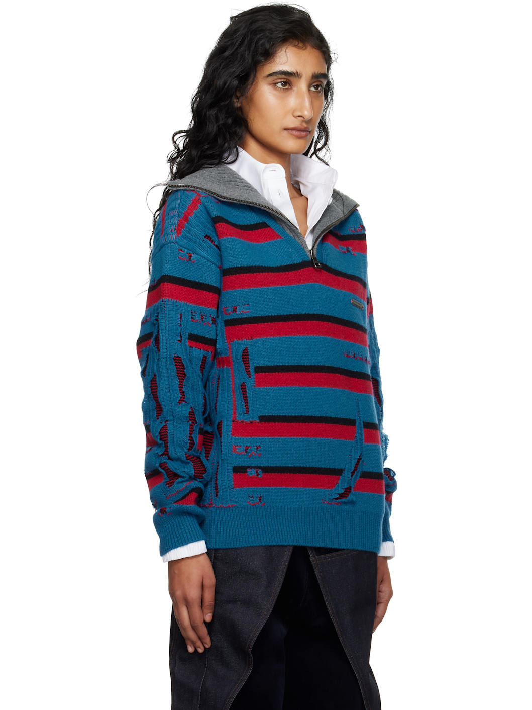 Blue & Red Stripe Jacquard Half Zip-Up Sweater - 2