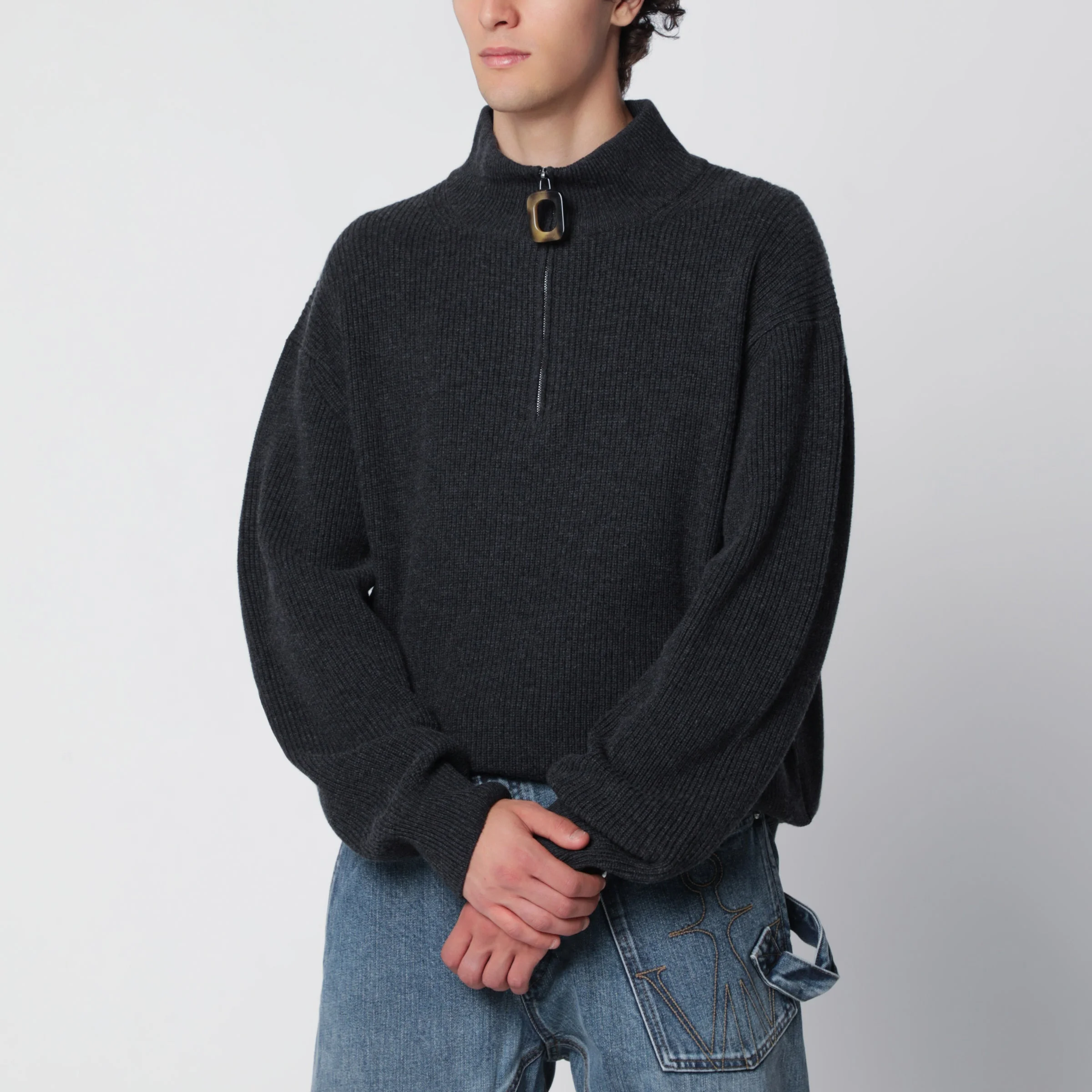 Dark grey half-zip sweater in wool blend - 1