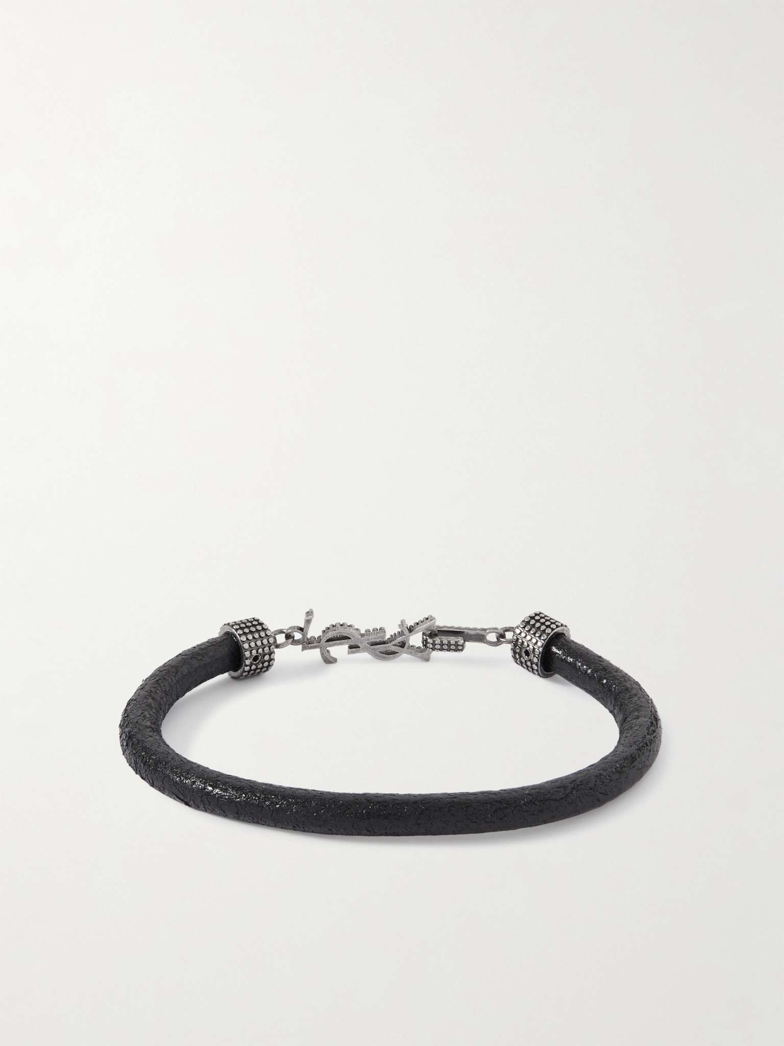 SAINT LAURENT Logo-Embellished Textured-Leather and Silver-Tone Bracelet - Men - Black Jewelry