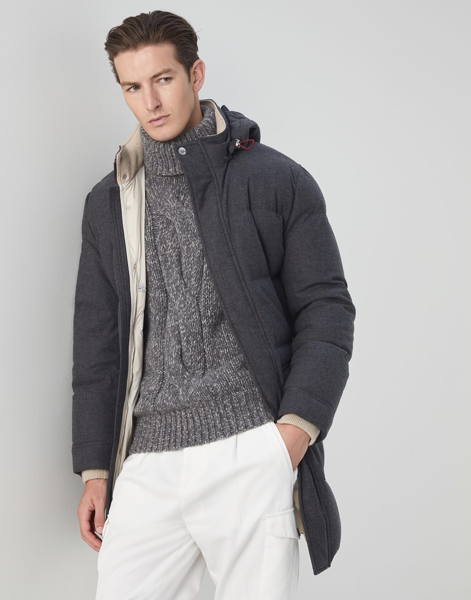Wool, silk and cashmere bonded diagonal long down coat with detachable hood - 4