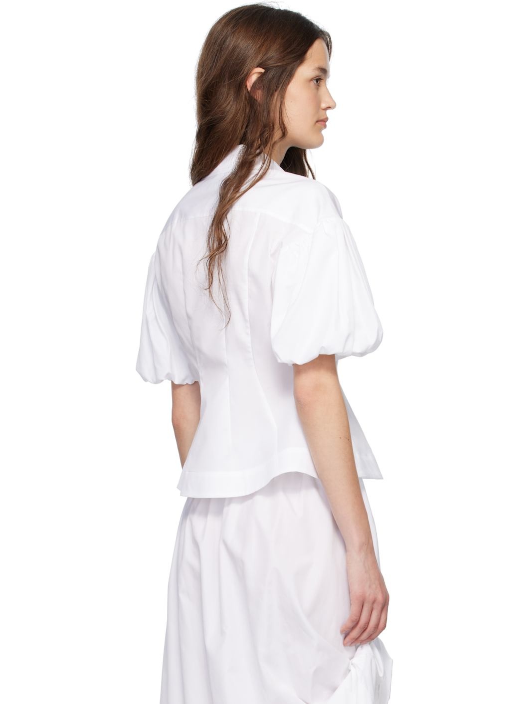 White Cropped Puff Sleeve Shirt - 3