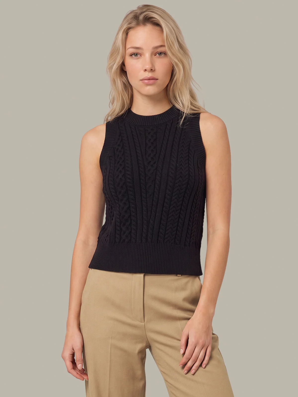 Dorothy: Cable Knit Cotton Crewneck Vest - 1