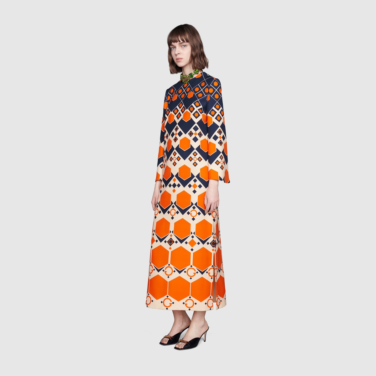 Long G hexagon print wool silk dress - 2