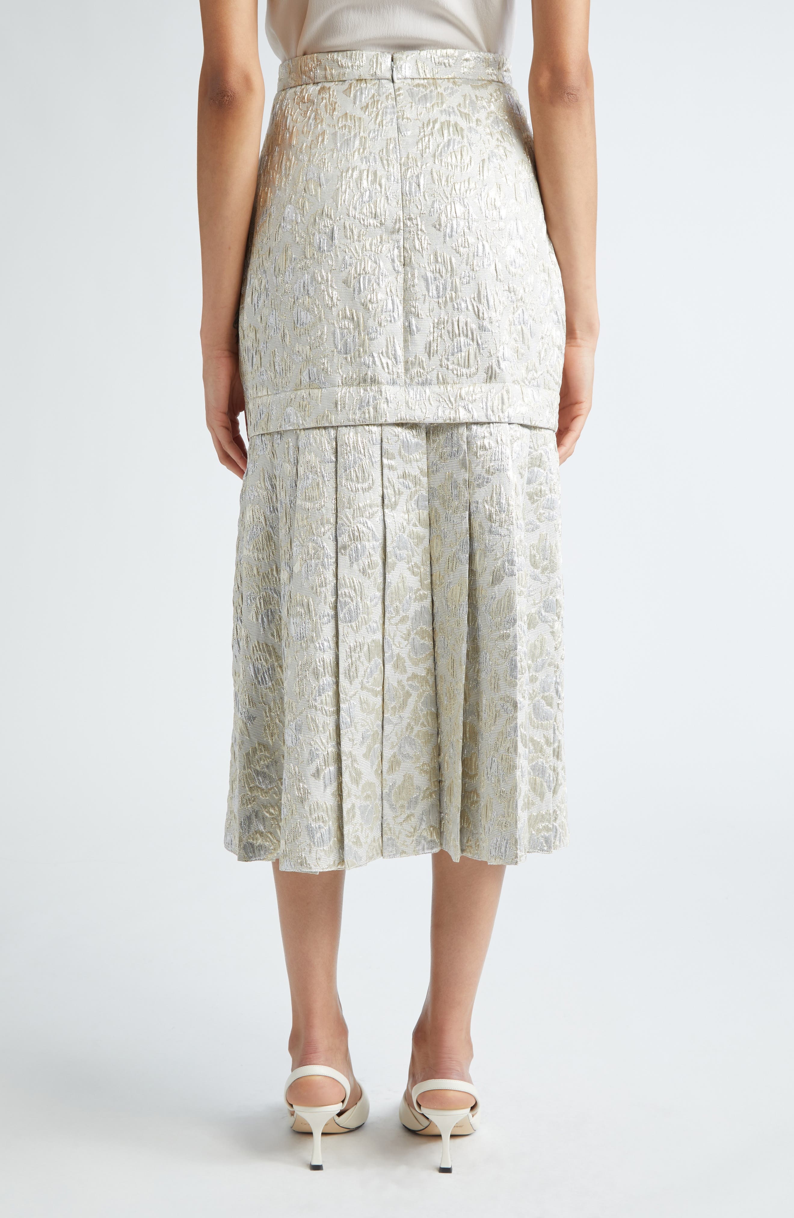 Pleated Back Floral Cloqué Midi Skirt - 3