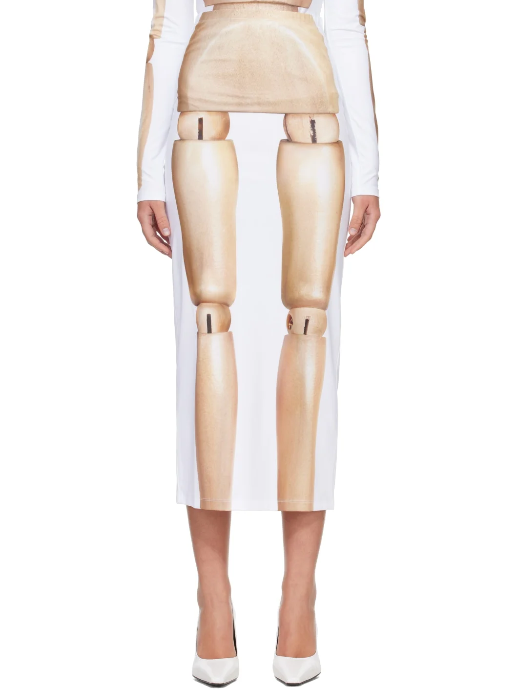 White & Beige 'The Wooden Body' Midi Skirt - 1