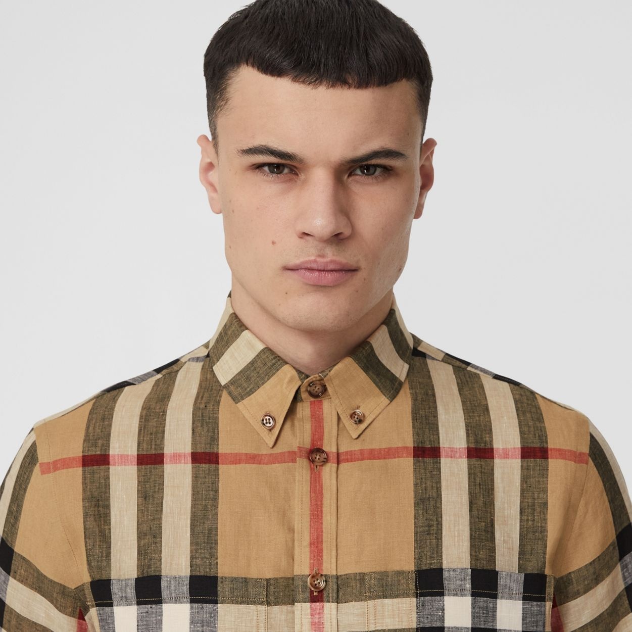 Short-sleeve Check Linen Oversized Shirt - 3