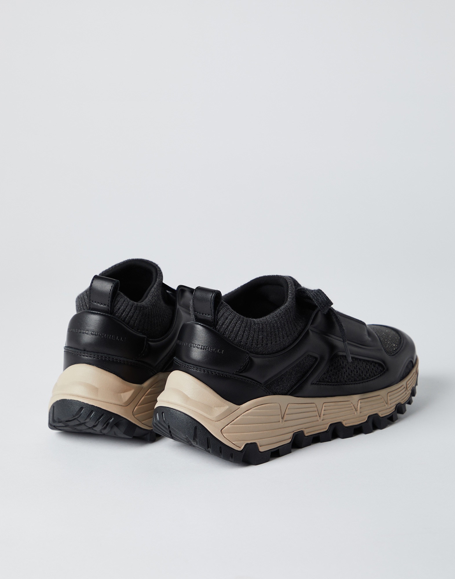 Matte calfskin and cotton knit trek runners with precious toe - 3