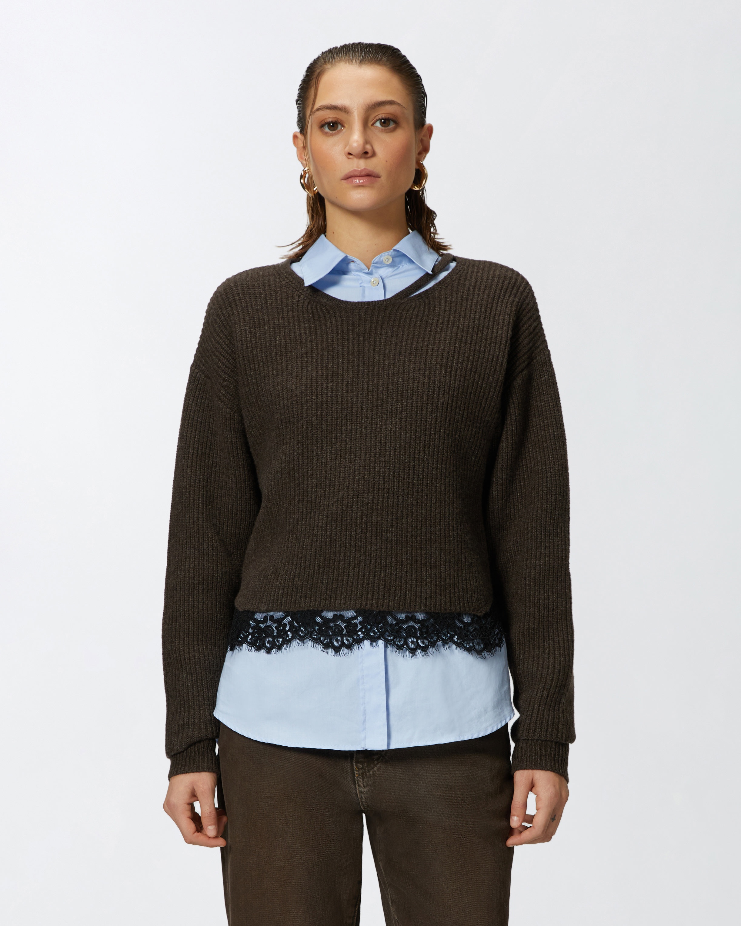 RIBBED SWEATER WITH LACE AT THE HEM - 2