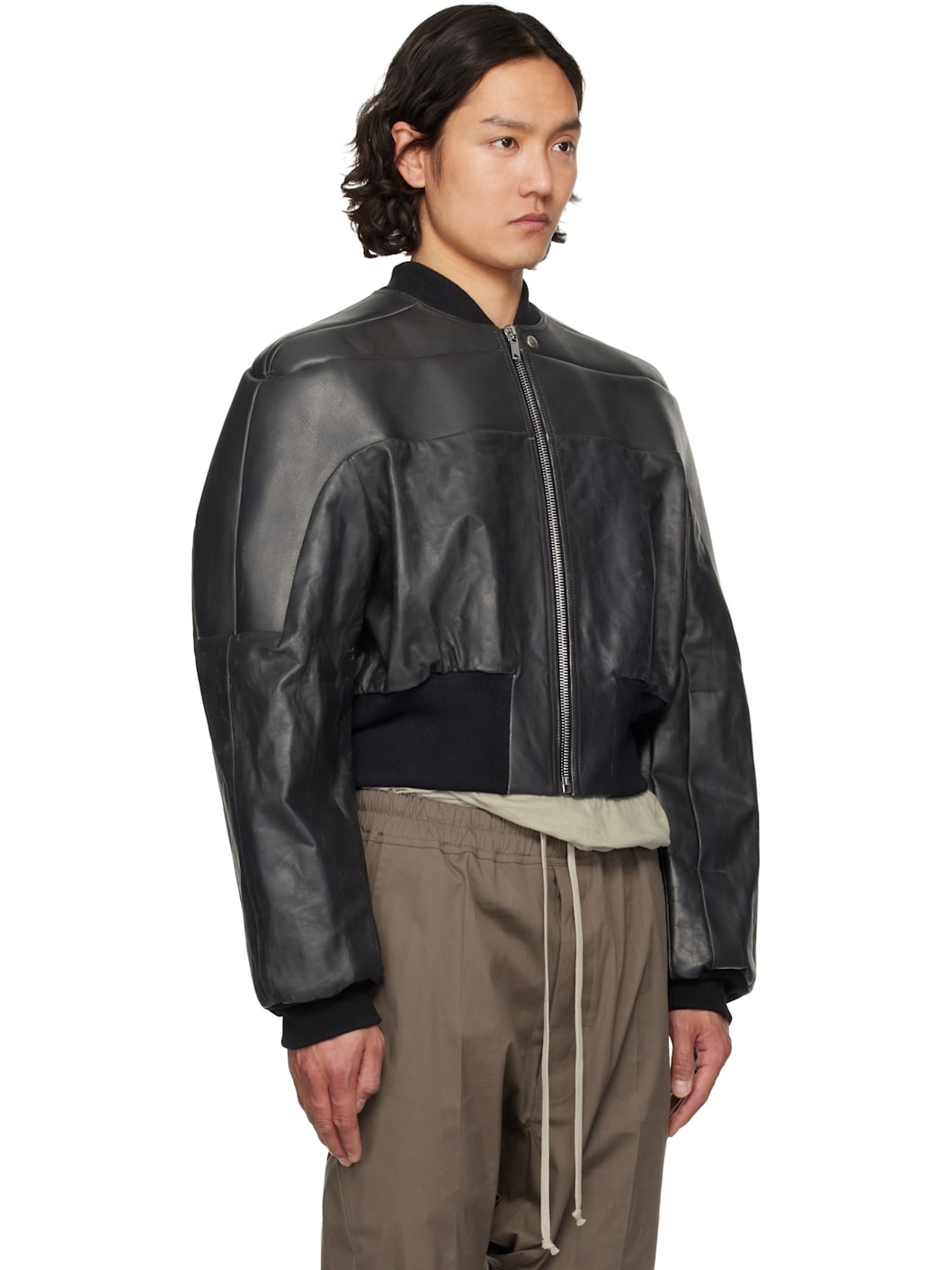 Black Hollywood Girdered Leather Bomber Jacket - 2