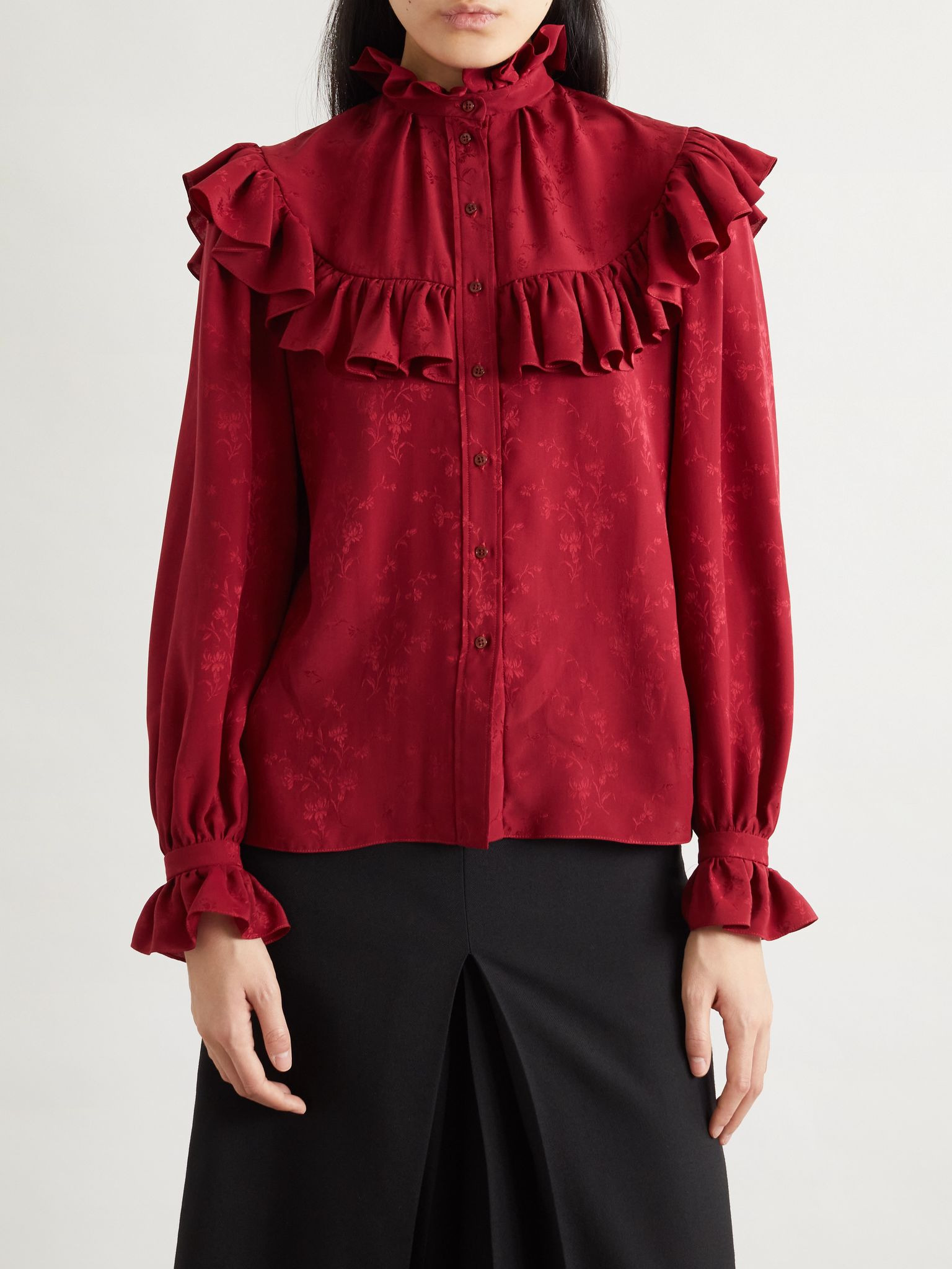 Ruffled floral silk-jacquard blouse Red - 3