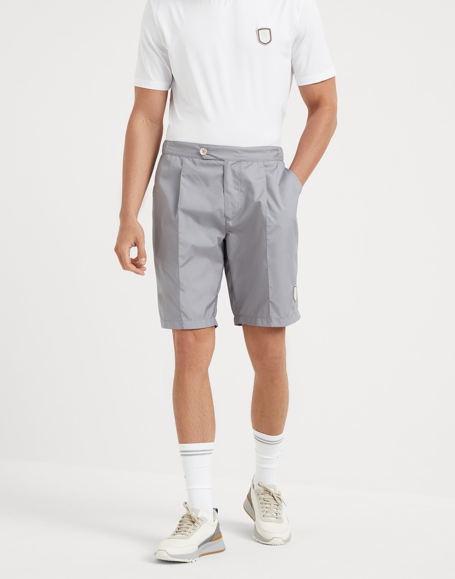 Nylon pleated Bermuda shorts with tabbed waistband and tennis badge - 1
