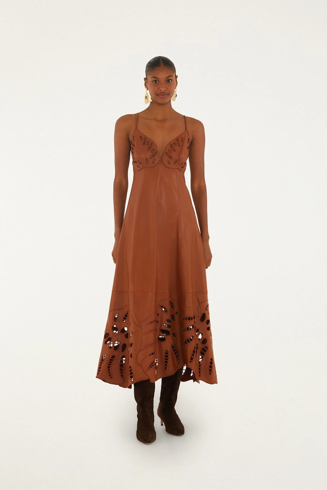 Brown Monstera Cutwork Leather Midi Dress - 1