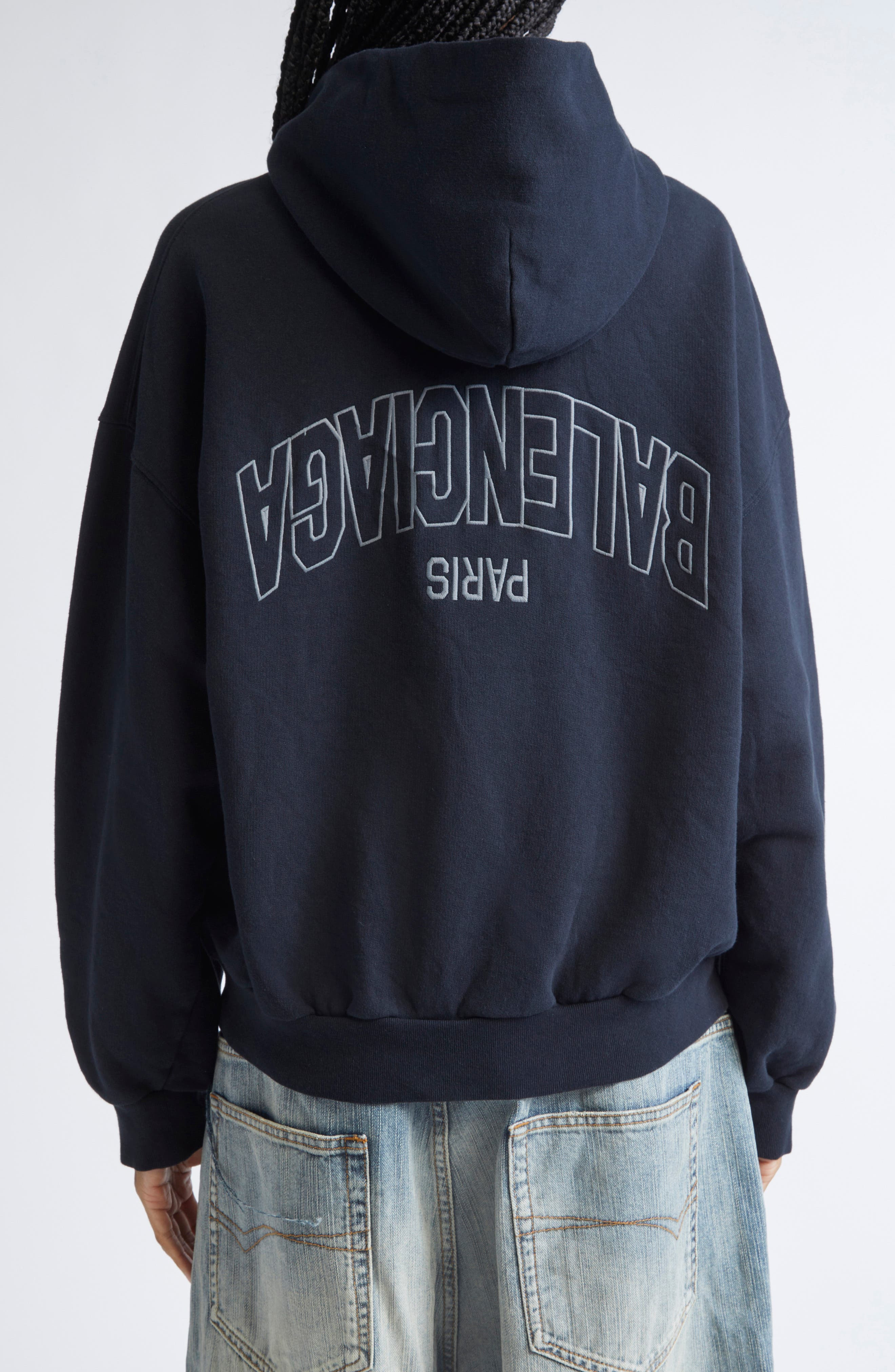 Balenciaga Flipped Uni Logo Embroidered Cotton Fleece Zip-Up Hoodie in 1750 Faded Black/Anthracite a - 2