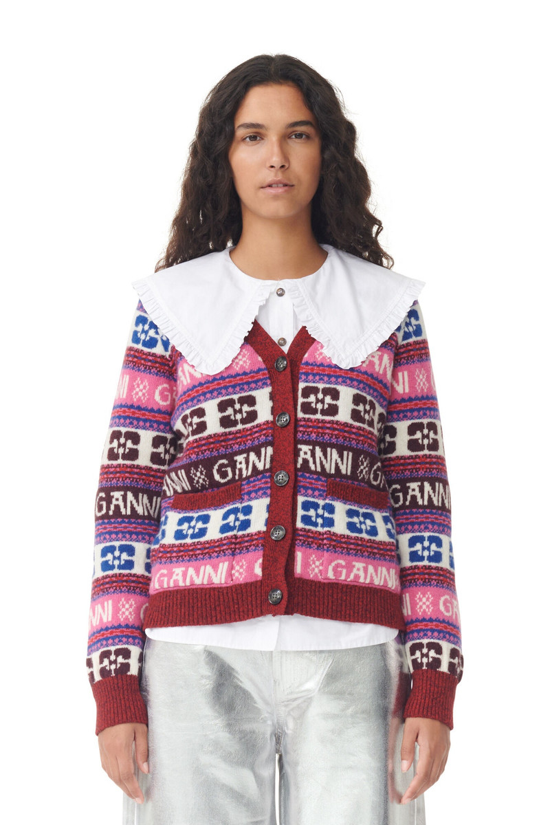GANNI PINK LOGO WOOL MIX CARDIGAN outlook
