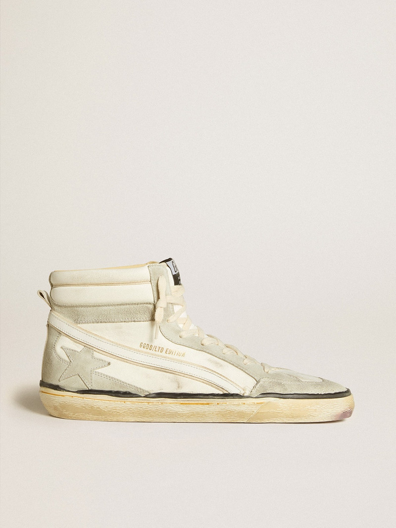 Slide LAB in aged-white nappa leather with gray suede star and white leather flash 1