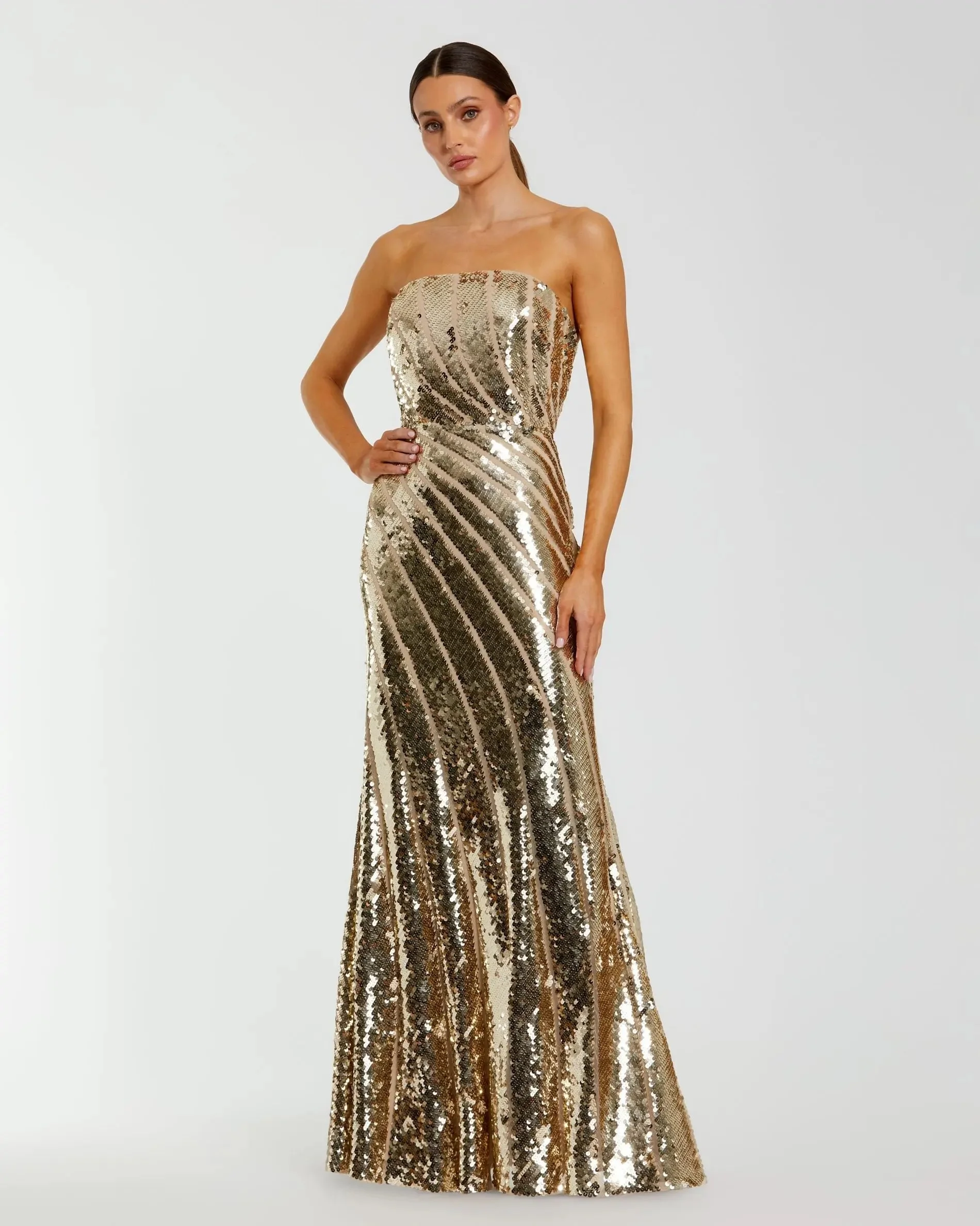 Gold Strapless Sequin Trumpet Gown - 1
