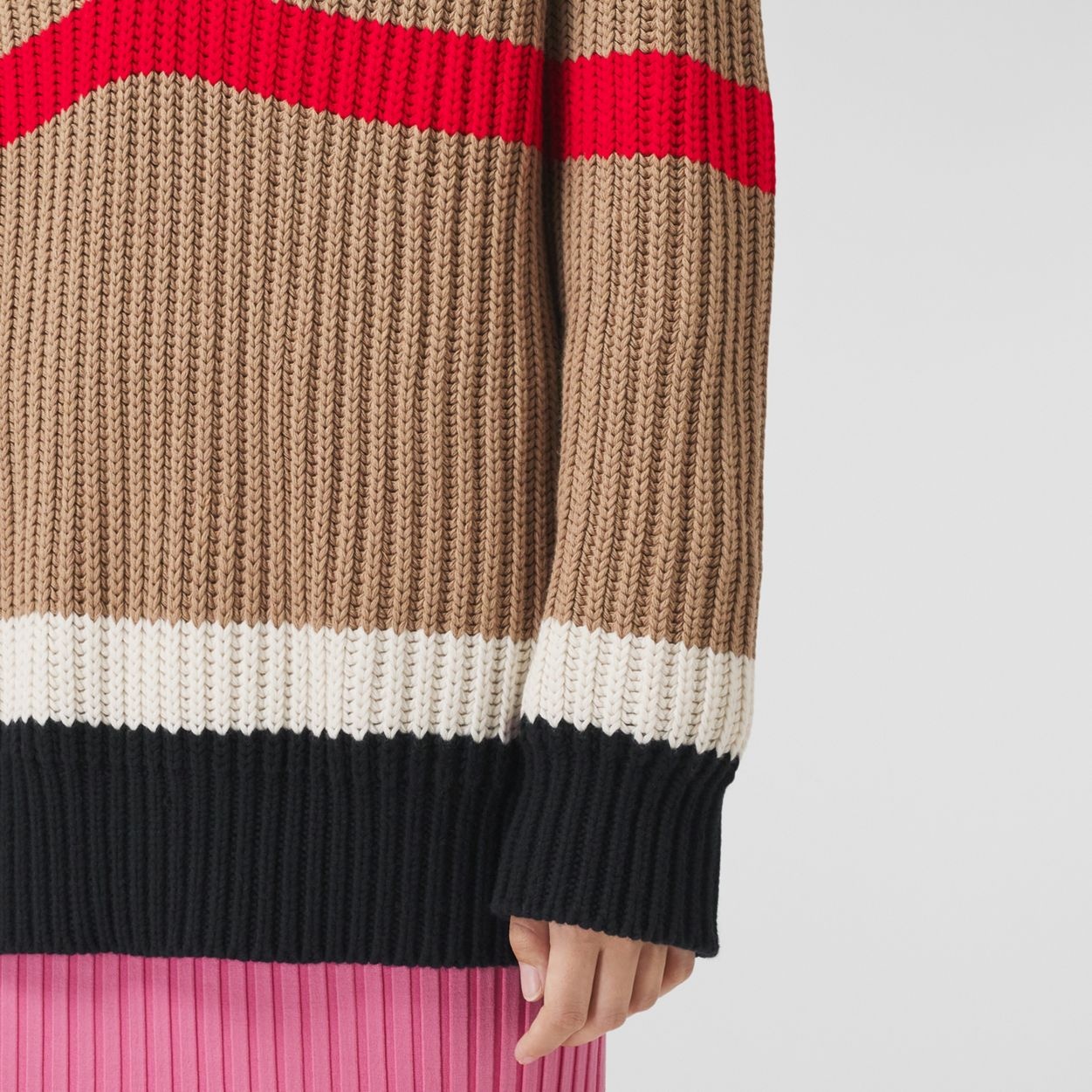 Striped Rib Knit Cashmere Cotton Oversized Sweater - 5