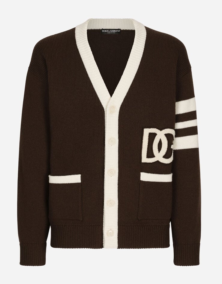 Wool fisherman’s rib cardigan with DG logo patch - 1