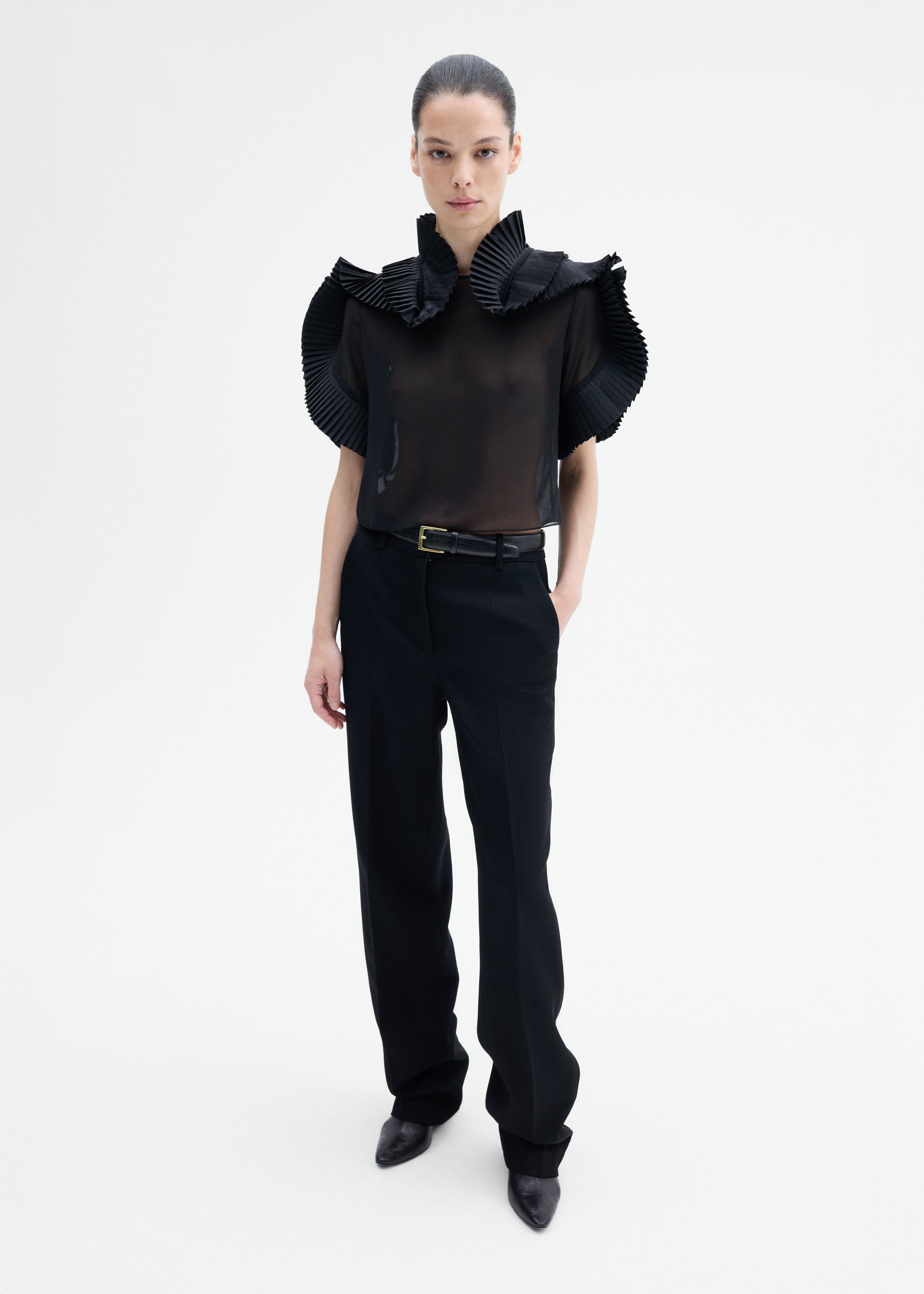 Pleated Ruffle Sheer Top in Georgette - 4