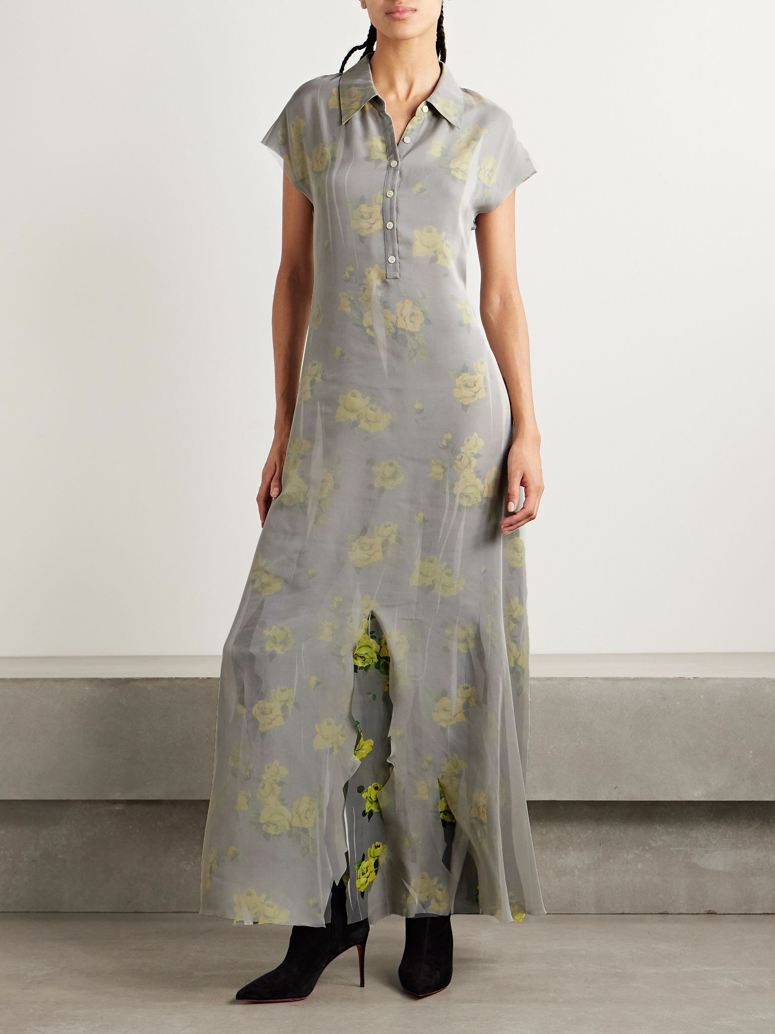 Layered chiffon and floral-print crepe maxi dress Gray - 3