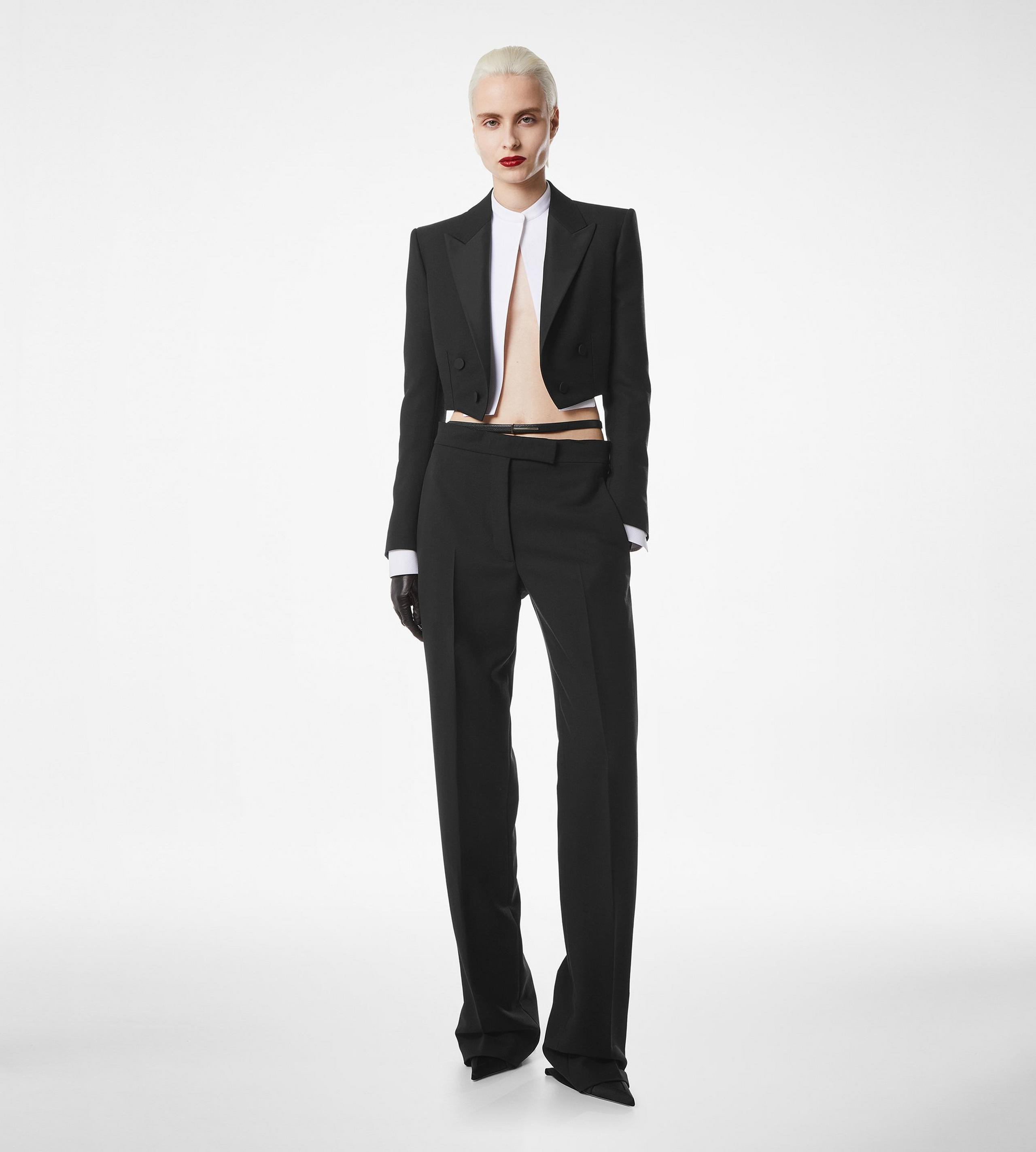 WOOL SILK BLEND DOUBLE BREASTED CROPPED TUXEDO JACKET - 3
