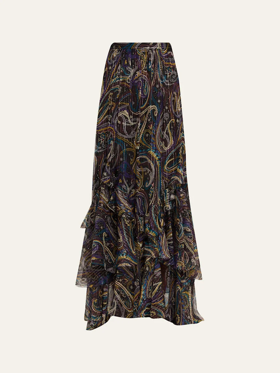 Metallic Paisley Tiered Ruffle Maxi Skirt - 1