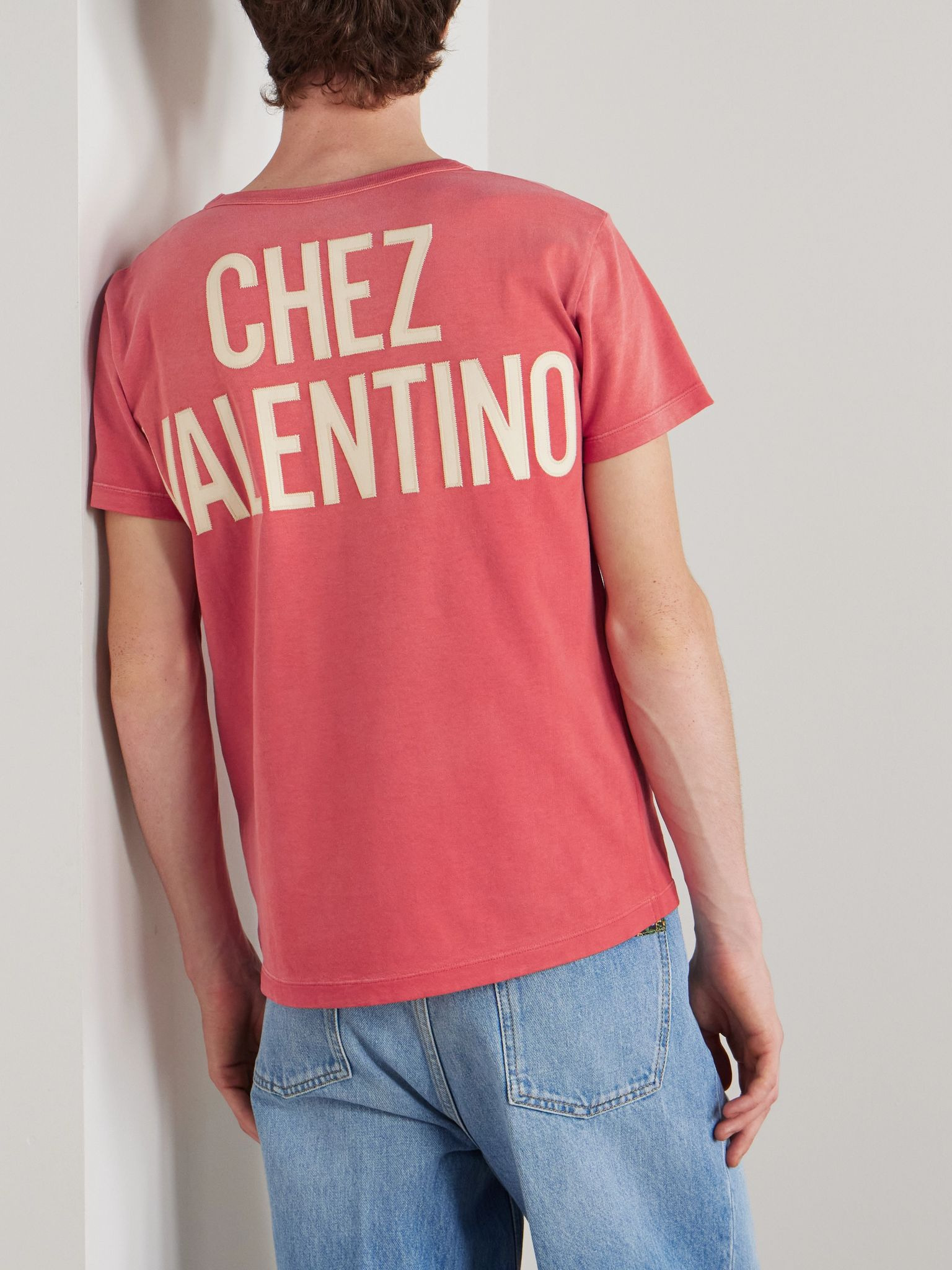 Chez Valentino Logo-Appliquéd Printed Cotton-Jersey T-Shirt Red - 3