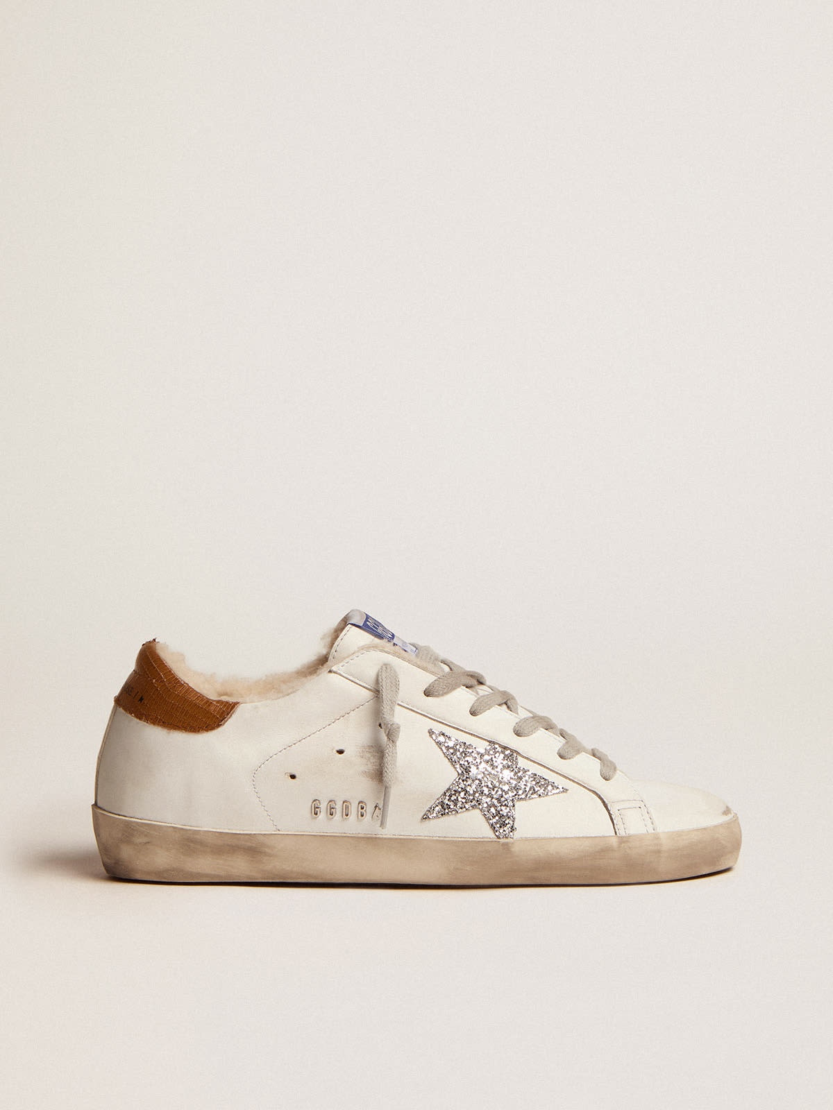 Super-Star sneakers with shearling lining, silver glitter star and lizard-print dove-gray leather he - 1