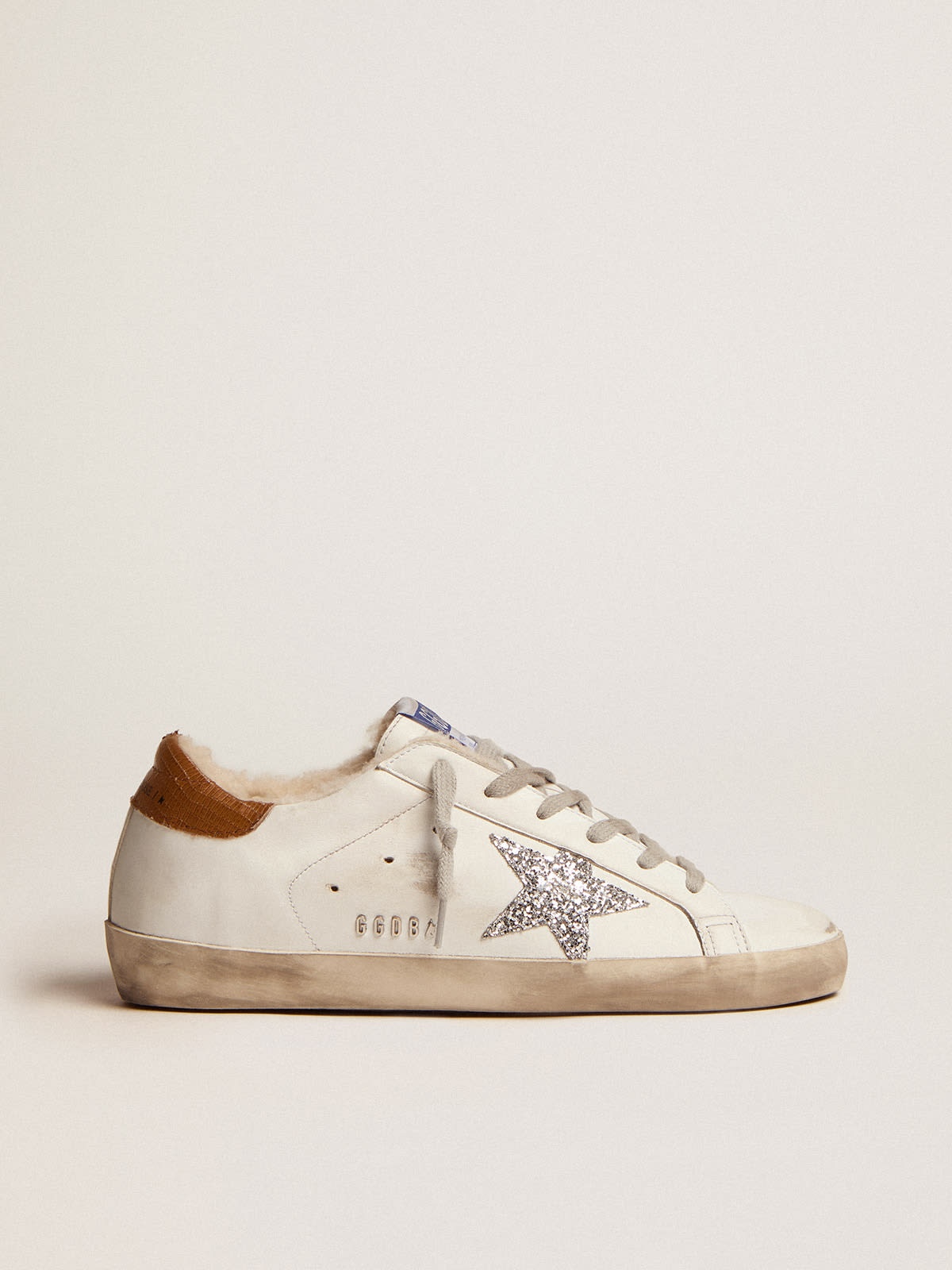 Golden Goose Super-Star sneakers with shearling lining, silver glitter star  and lizard-print dove-gray leather he | REVERSIBLE