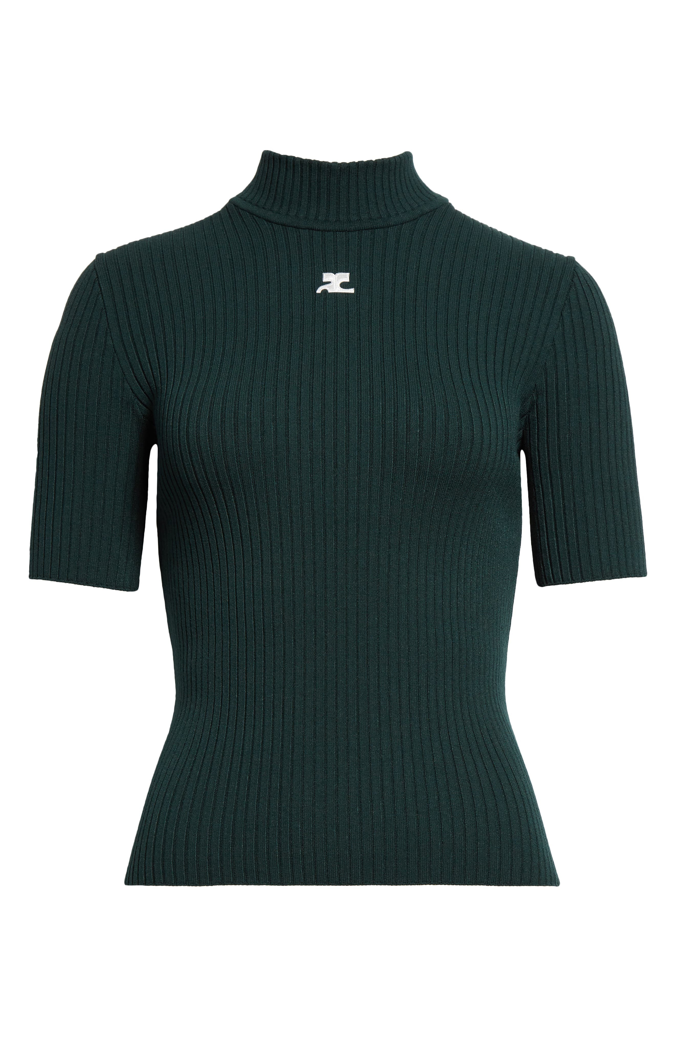 Courrèges Embroidered Logo Mock Neck Rib Sweater in Dark Green at Nordstrom - 6