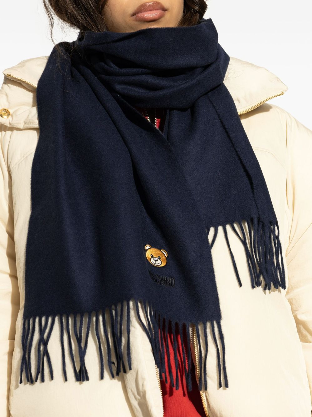 teddy bear-embroidered fringed scarf - 2