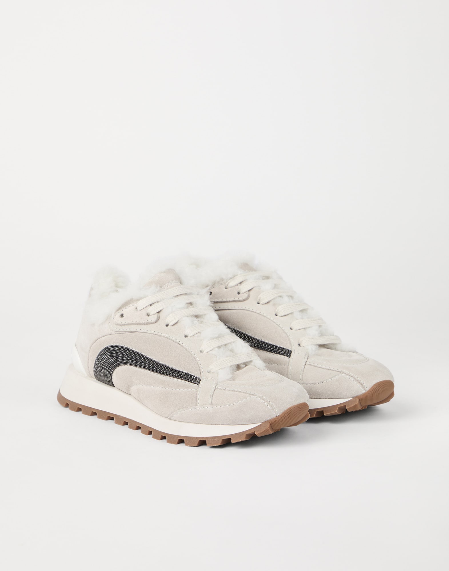 Suede runners with shearling lining and precious stripe - 1