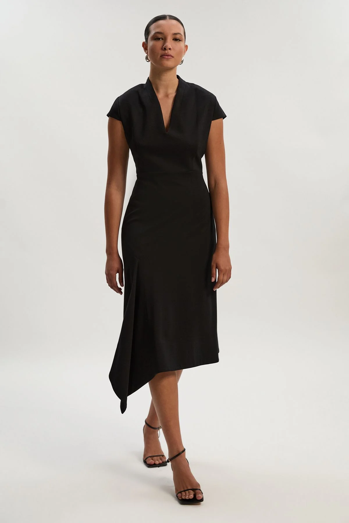 Petite Premium Ponte V Neck Asymmetric Front Tailored Midi Dress - 1