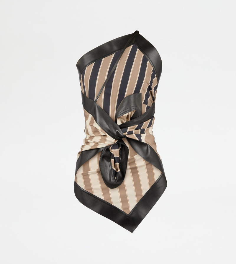 TOP IN SILK WITH LEATHER INSERTS - BROWN, BEIGE, OFF WHITE 2