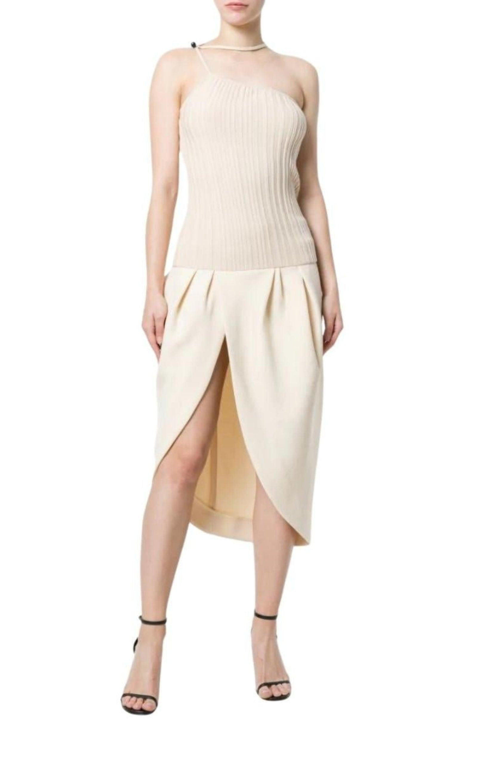 La Bomba Asymmetric Beige Midi Dress - 2