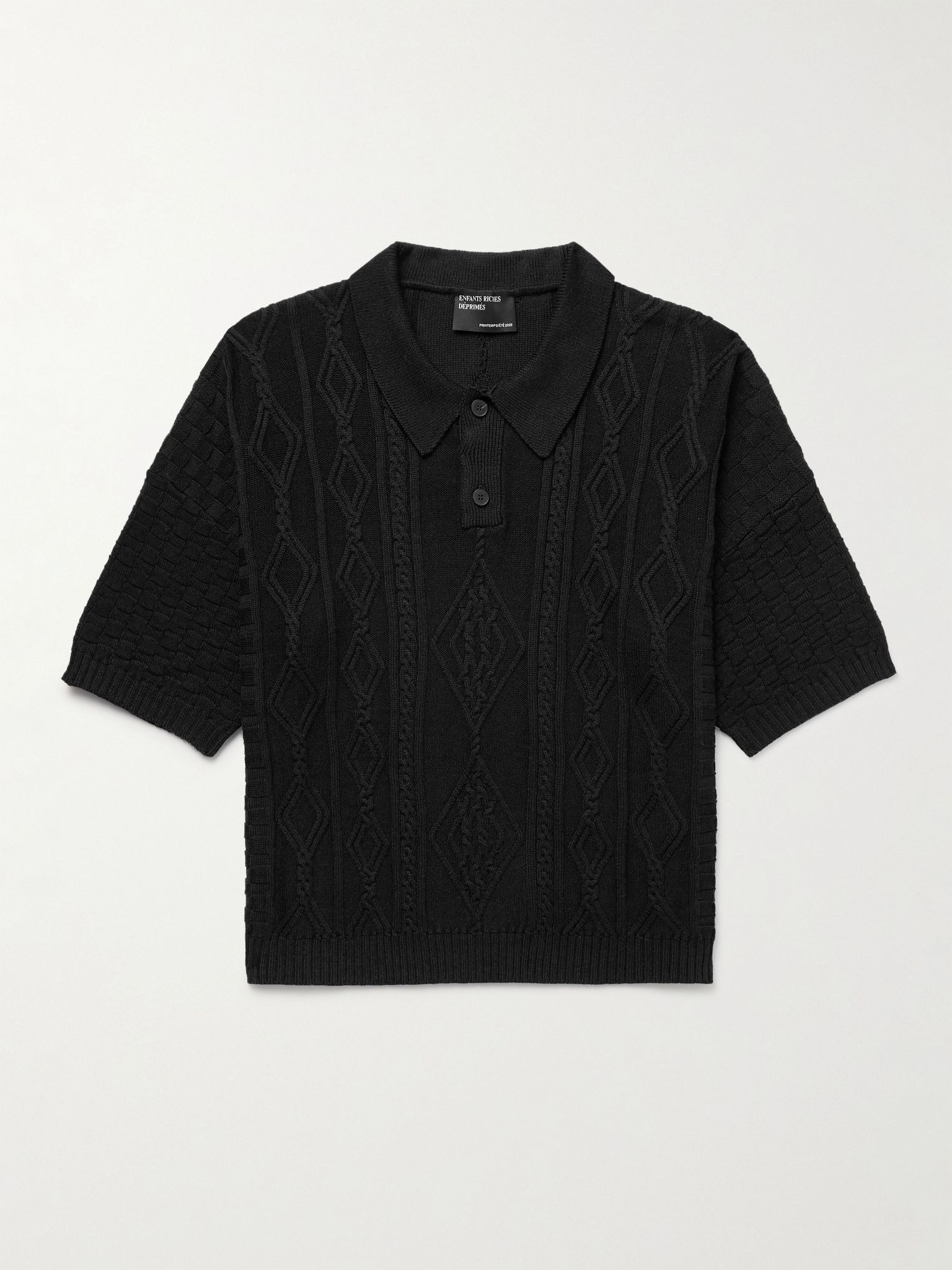 Anthony Cable-Knit Silk and Cotton-Blend Polo Shirt Black - 1