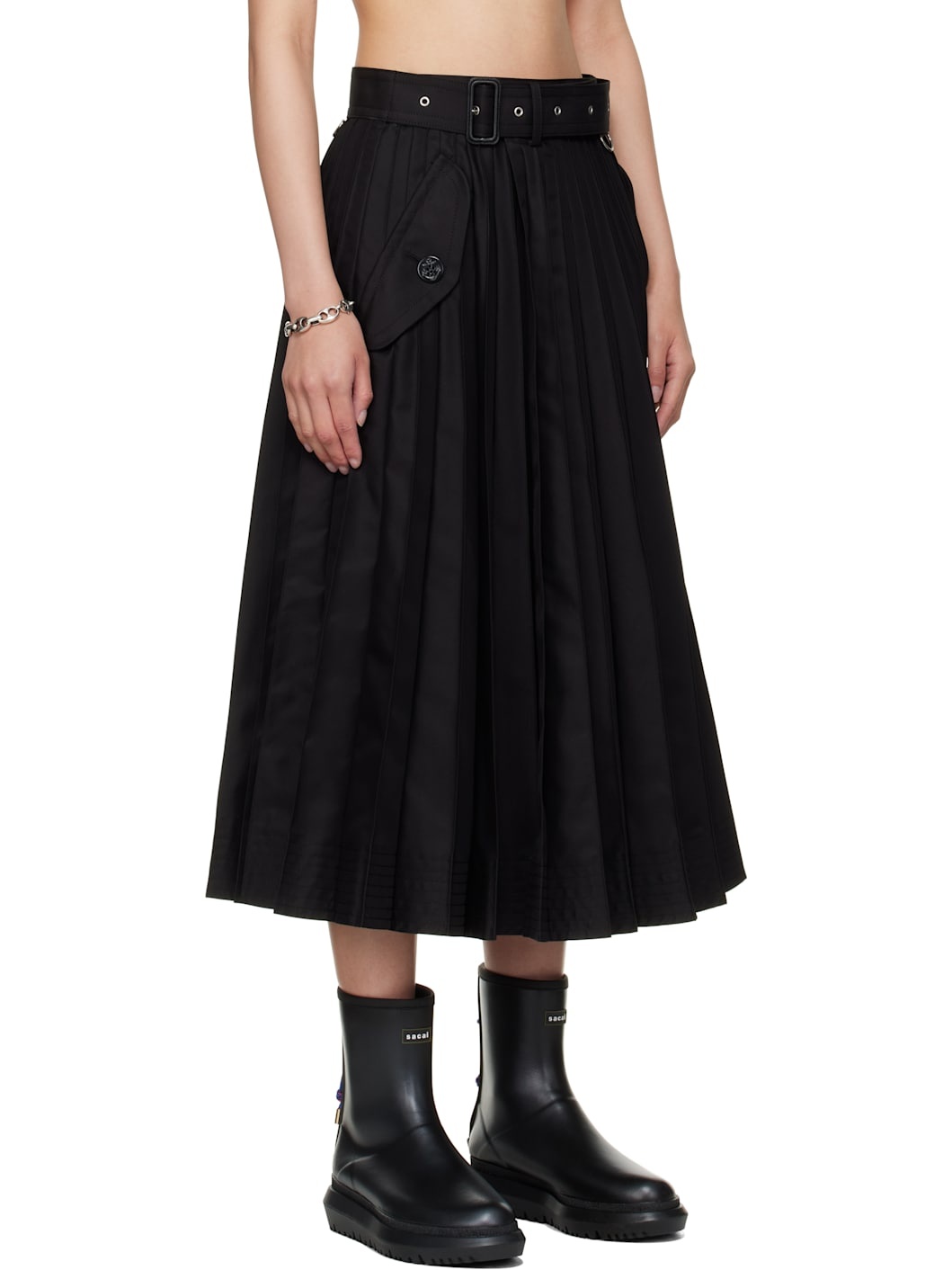 Black Cotton Gabardine Midi Skirt - 2